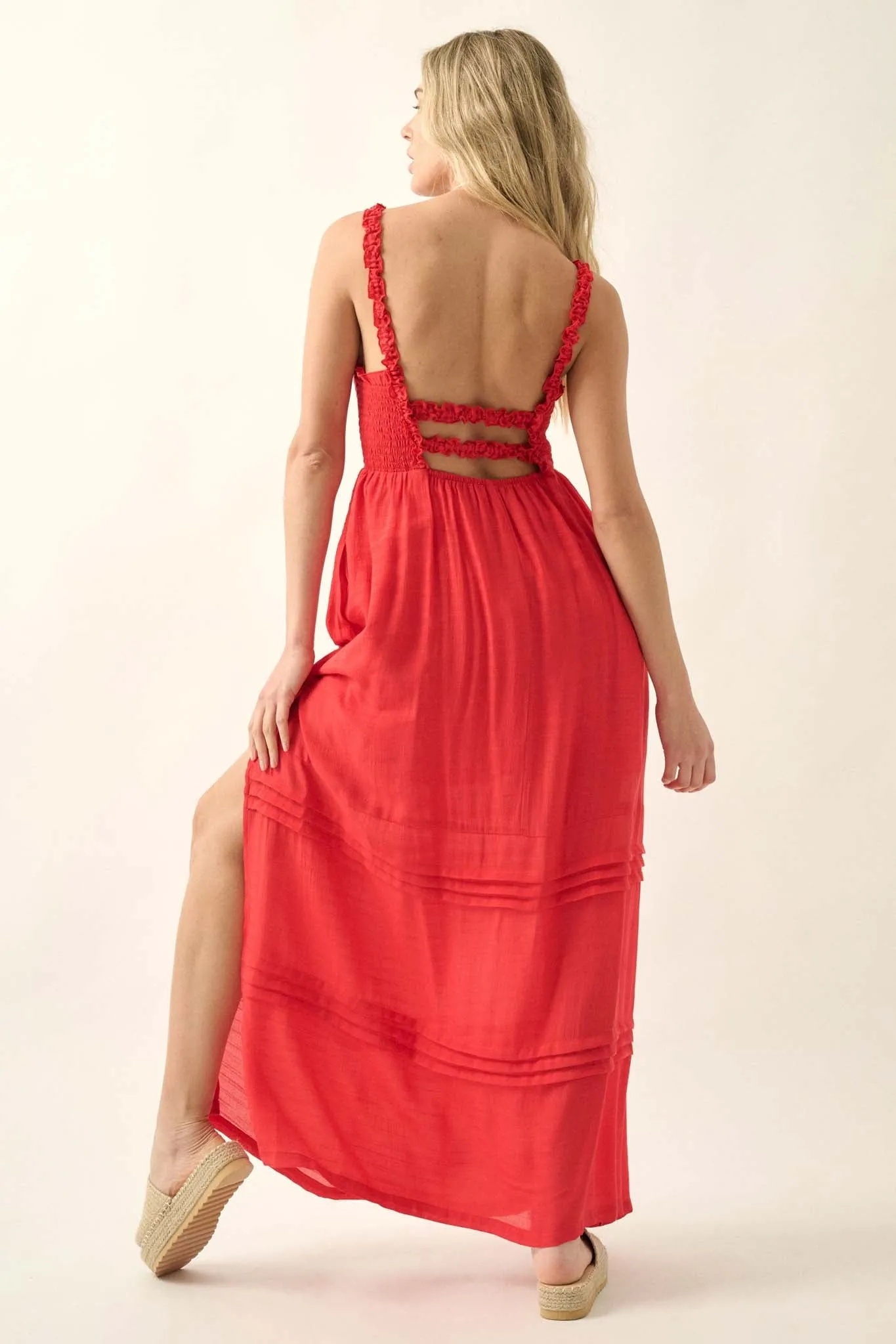 Pristine Beauty Smocked Open-Back Maxi Dress