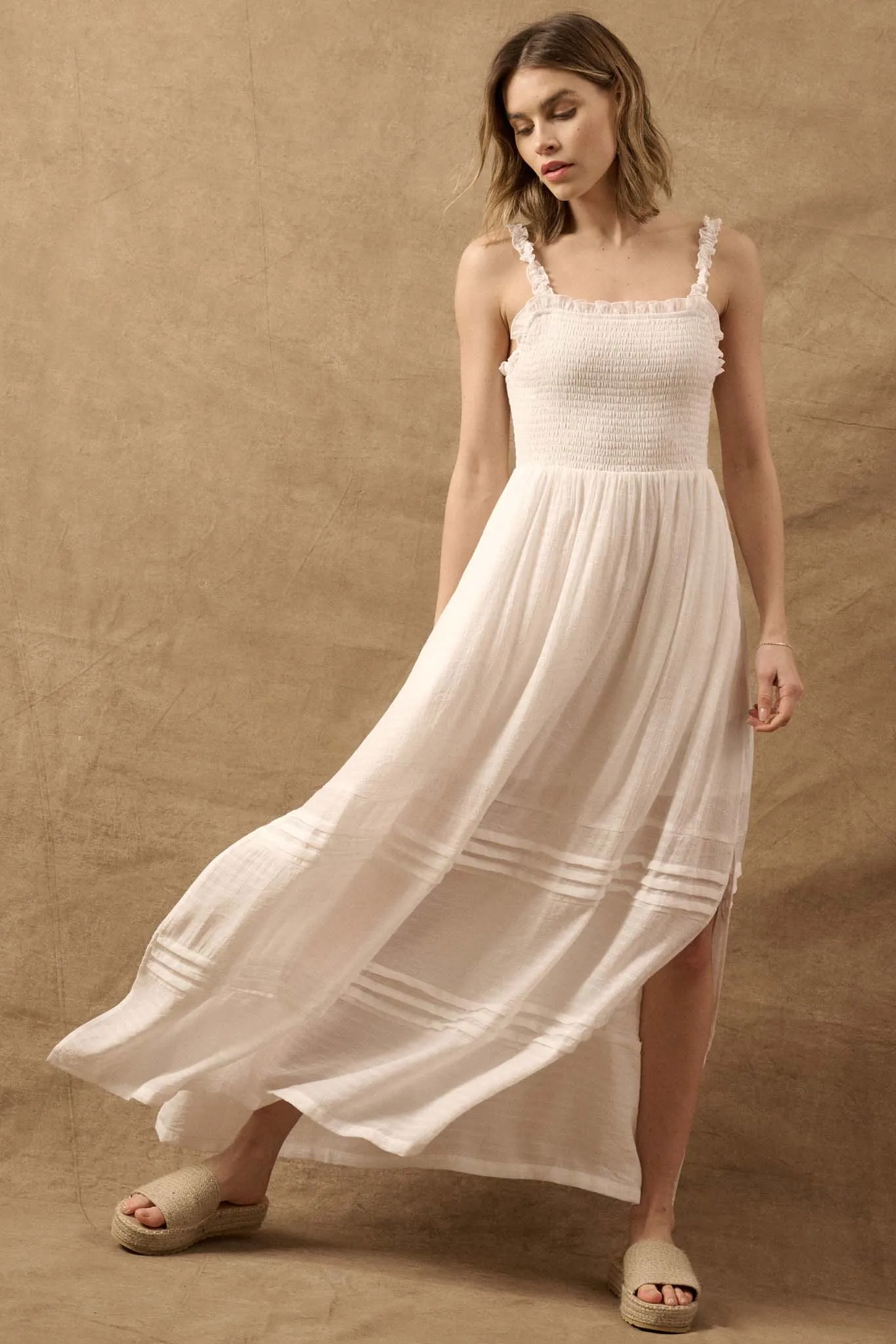 Pristine Beauty Smocked Open-Back Maxi Dress