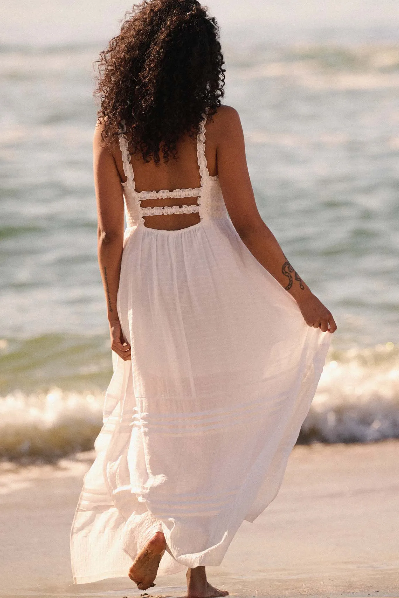 Pristine Beauty Smocked Open-Back Maxi Dress