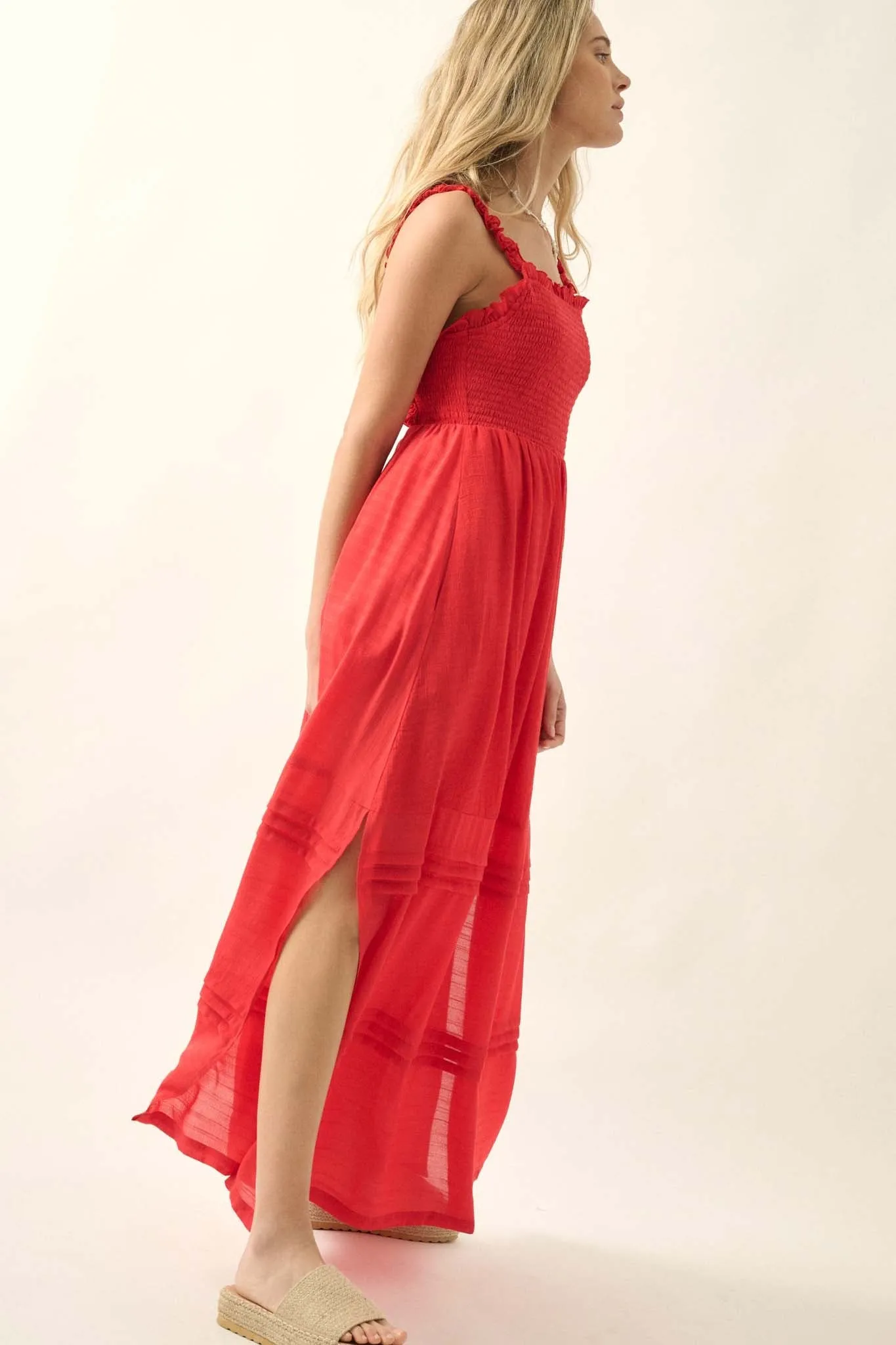 Pristine Beauty Smocked Open-Back Maxi Dress