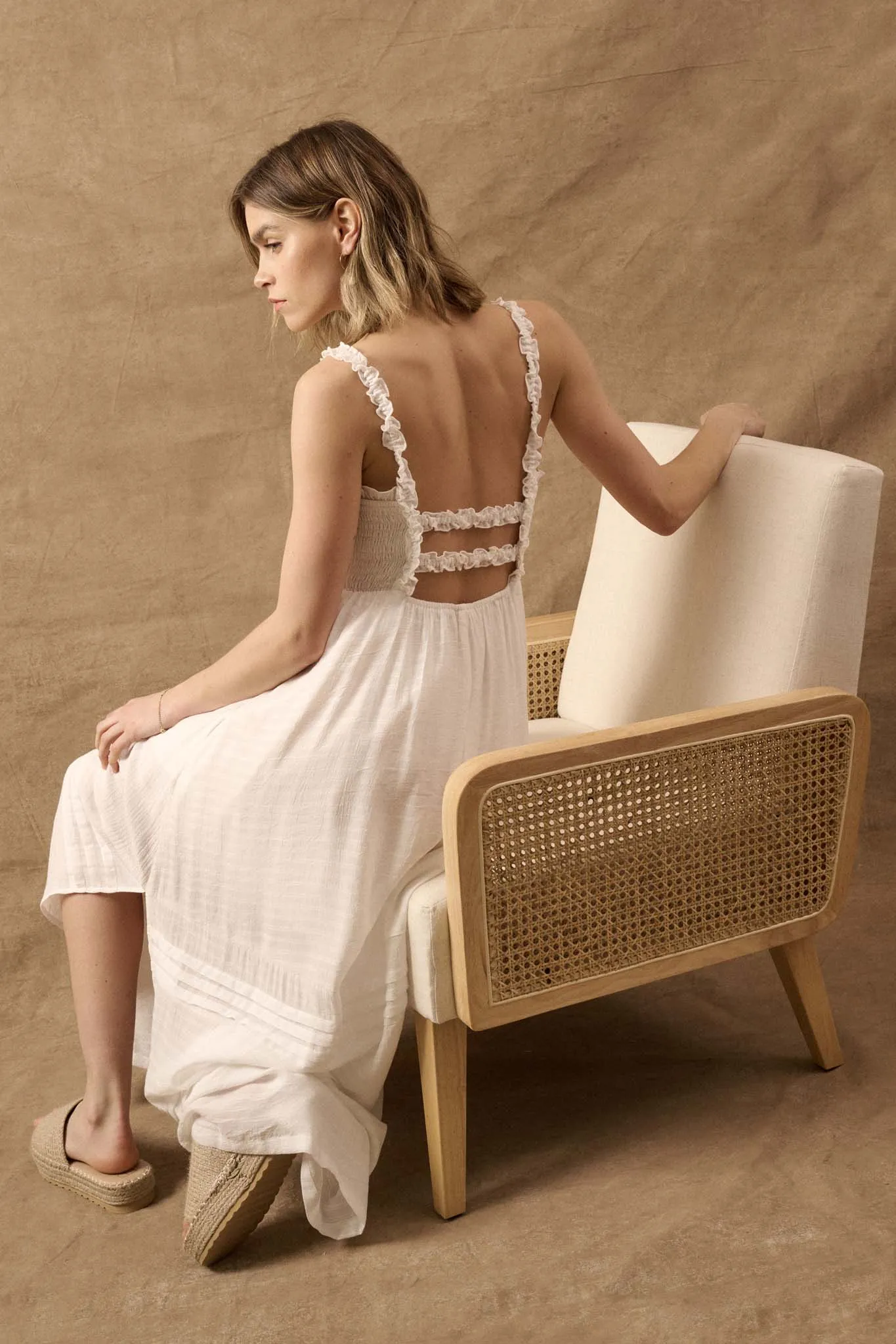 Pristine Beauty Smocked Open-Back Maxi Dress