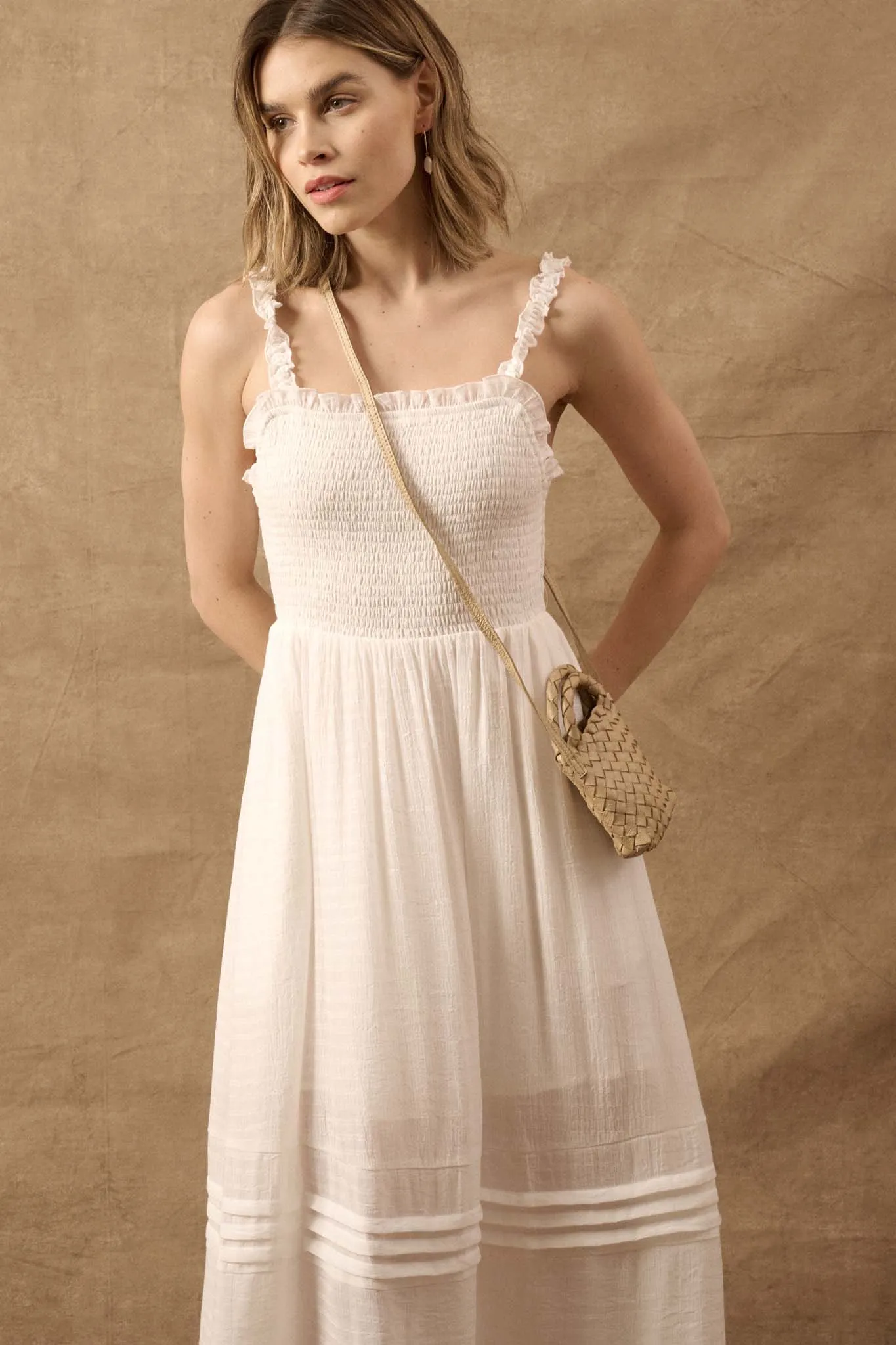 Pristine Beauty Smocked Open-Back Maxi Dress