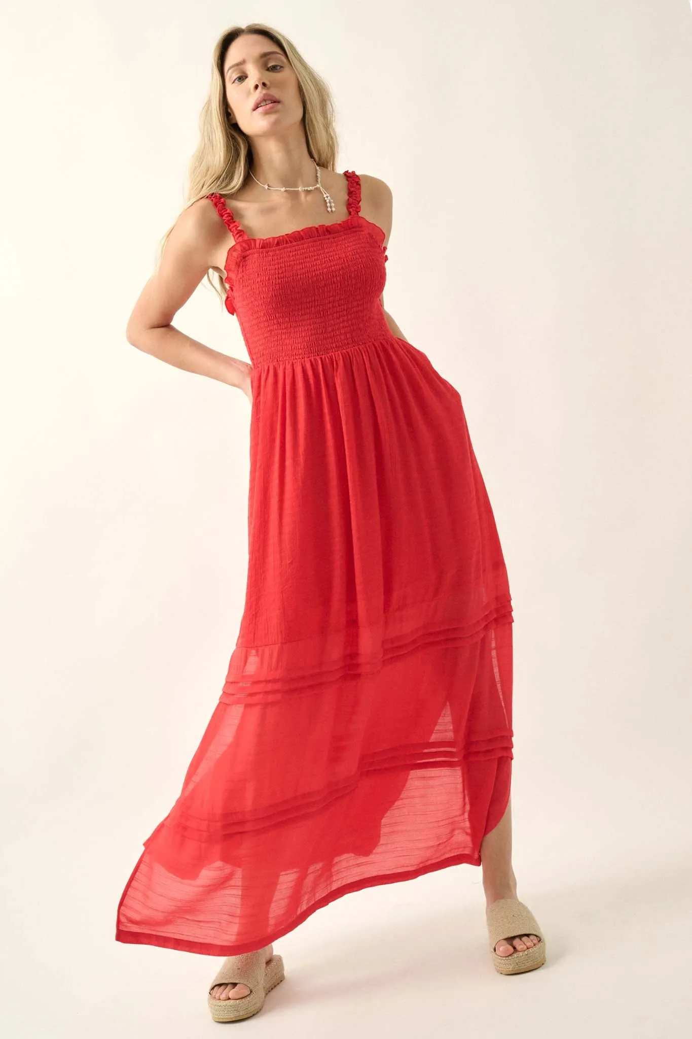 Pristine Beauty Smocked Open-Back Maxi Dress