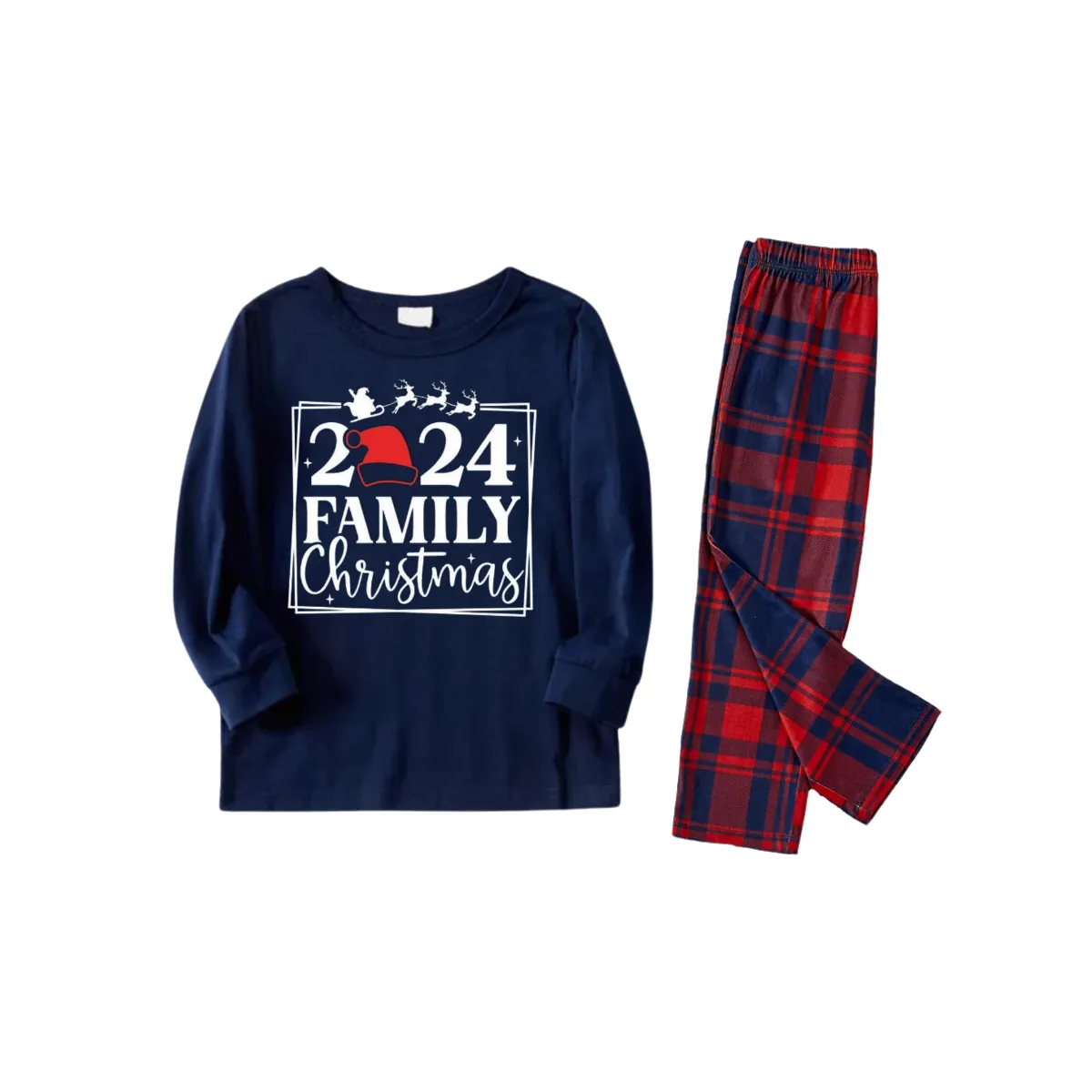 "2024 Family Christmas and Elk" Prints Blue Long Sleeves Top with Red and Blue Plaid Pants Christmas Matching Pajamas