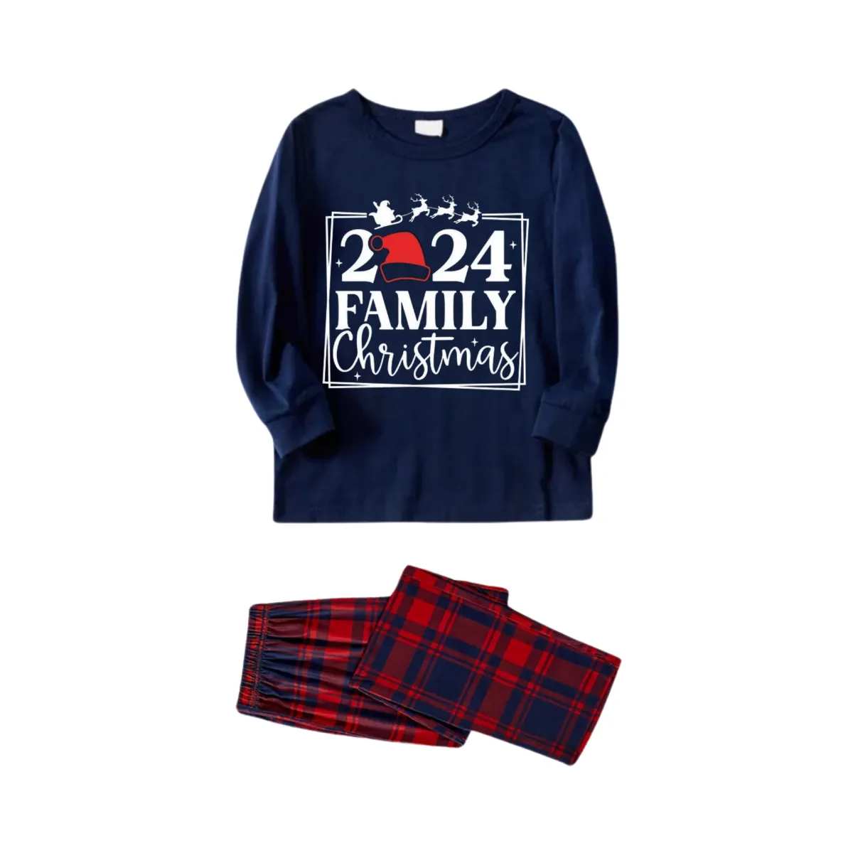 "2024 Family Christmas and Elk" Prints Blue Long Sleeves Top with Red and Blue Plaid Pants Christmas Matching Pajamas