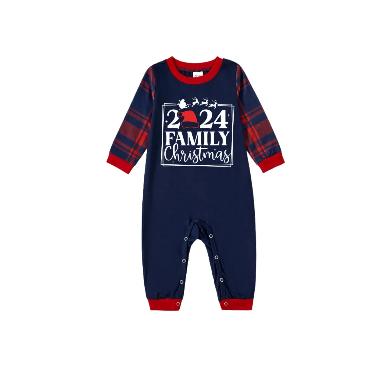 "2024 Family Christmas and Elk" Prints Blue Long Sleeves Top with Red and Blue Plaid Pants Christmas Matching Pajamas