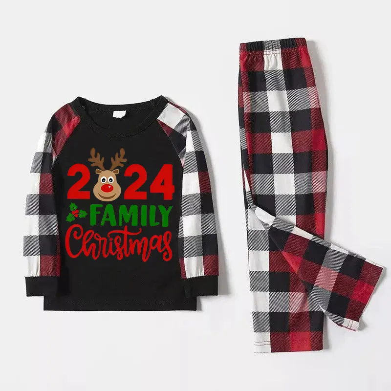 "2024 Family Christmas" Moose Letter Prints Red & Black & Grey & White Plaid Family Matching Pajamas