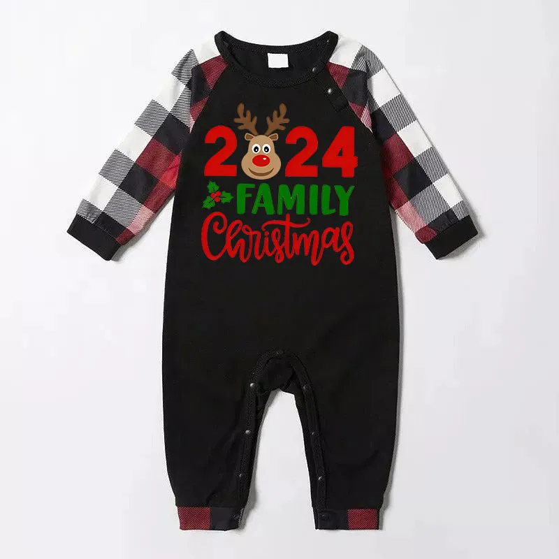 "2024 Family Christmas" Moose Letter Prints Red & Black & Grey & White Plaid Family Matching Pajamas