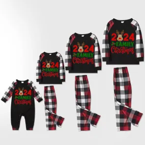 "2024 Family Christmas" Moose Letter Prints Red & Black & Grey & White Plaid Family Matching Pajamas