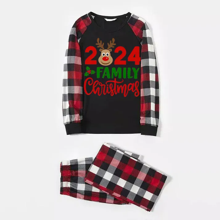 "2024 Family Christmas" Moose Letter Prints Red & Black & Grey & White Plaid Family Matching Pajamas