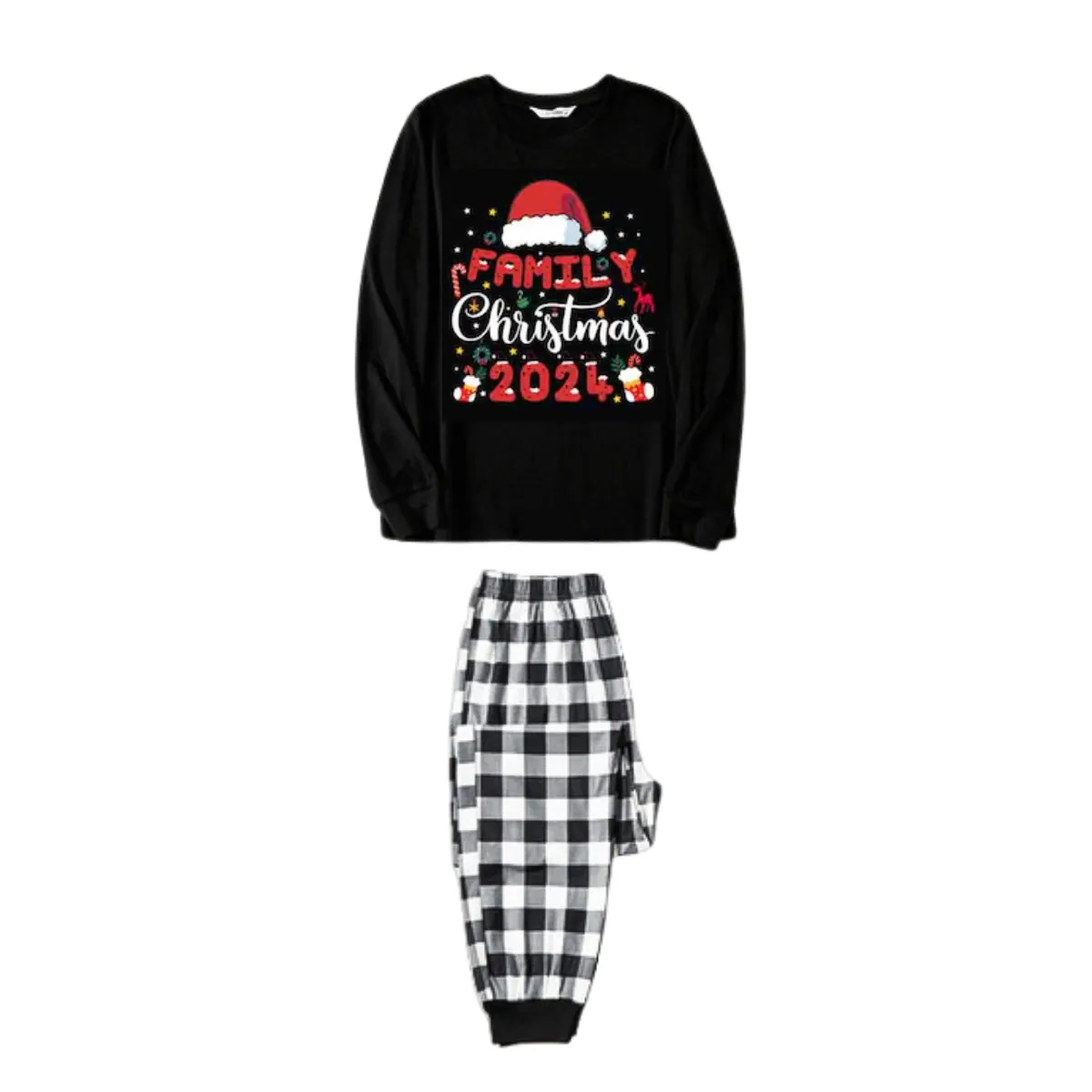 "2024 Family Christmas" Text and Christmas Pattern Black and White Plaid Family Matching Pajamas