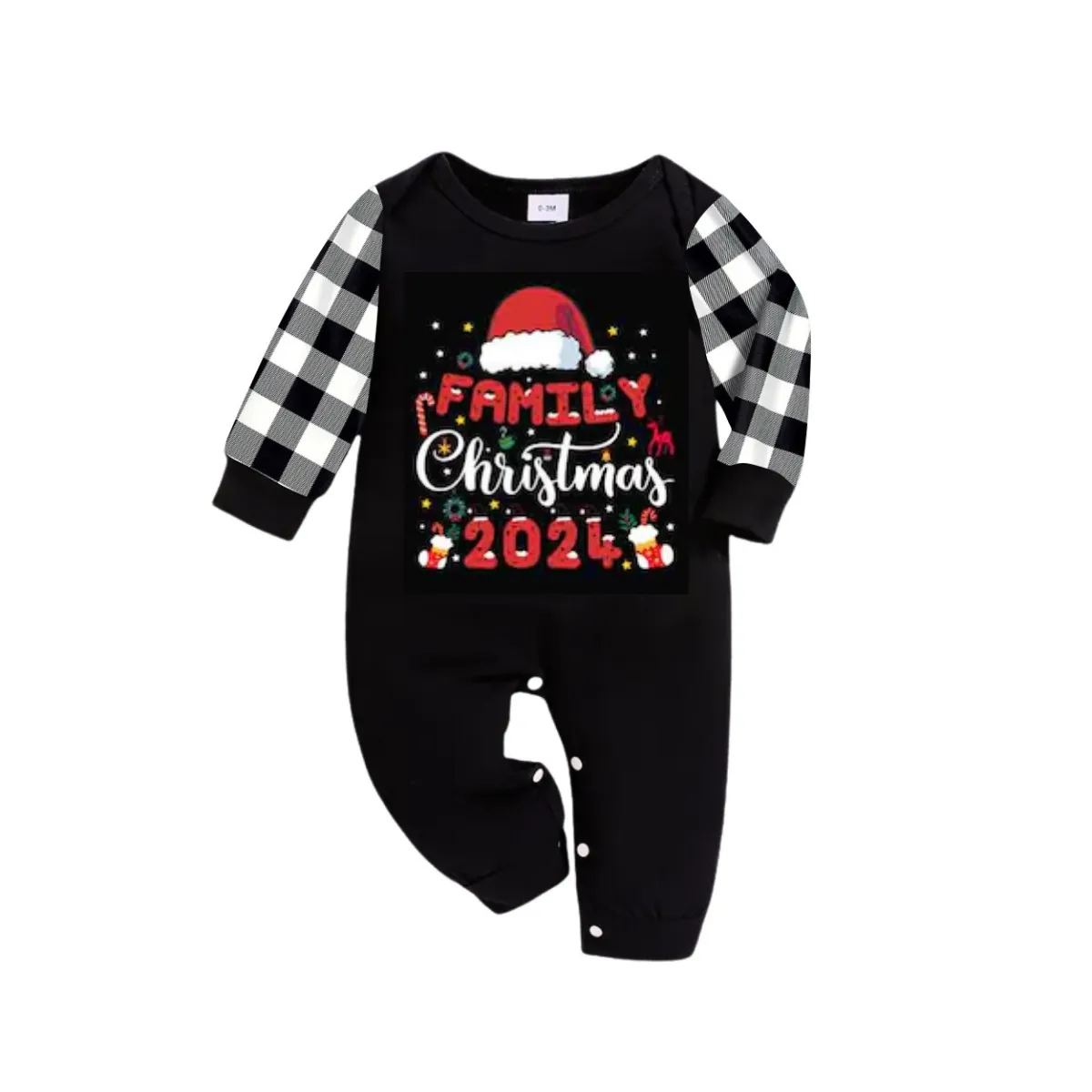 "2024 Family Christmas" Text and Christmas Pattern Black and White Plaid Family Matching Pajamas