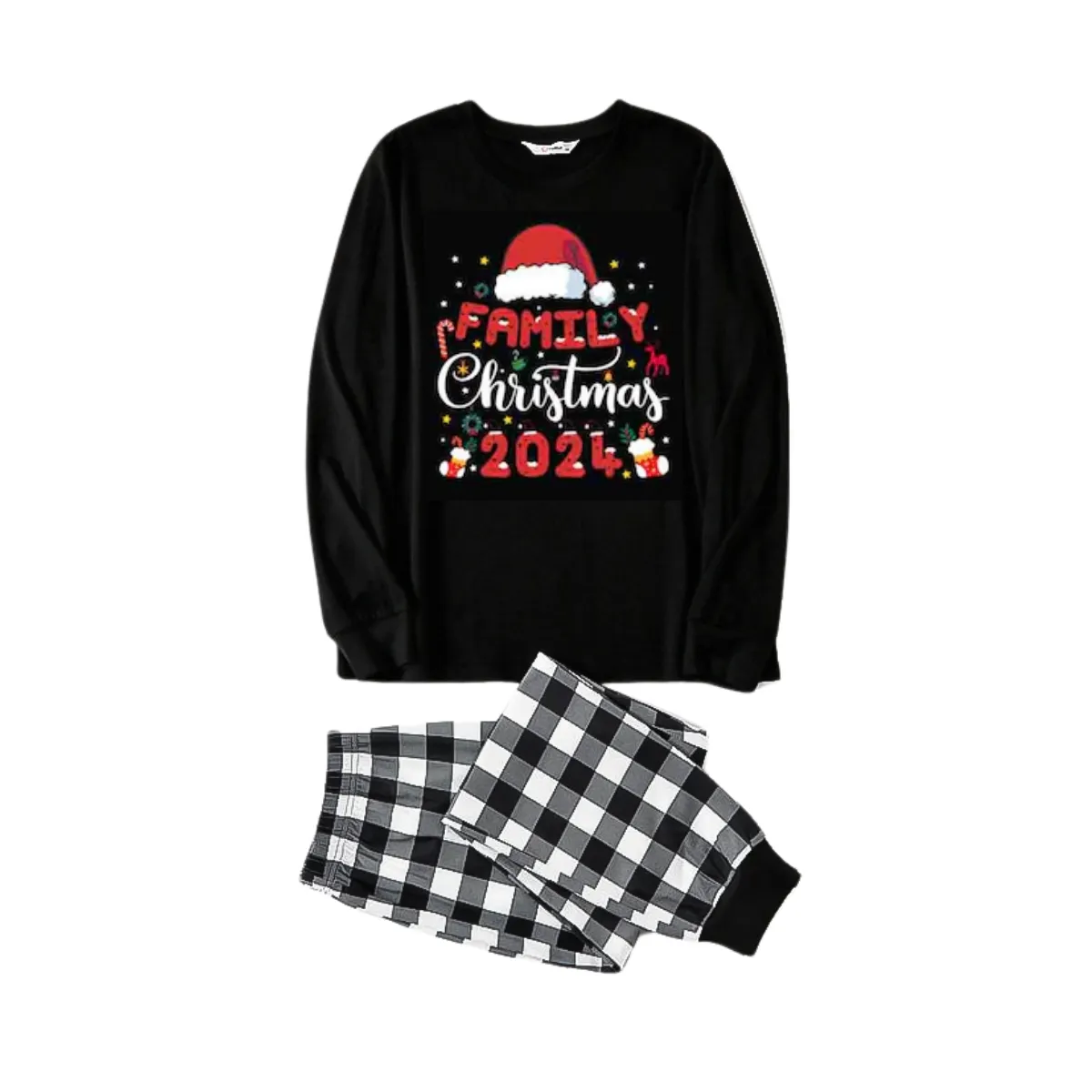 "2024 Family Christmas" Text and Christmas Pattern Black and White Plaid Family Matching Pajamas