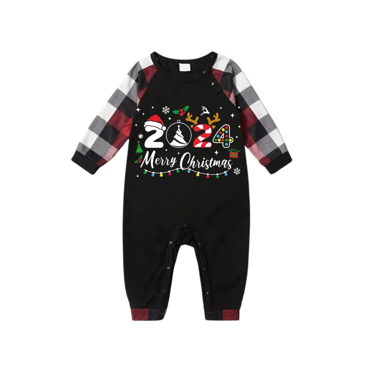 "2024 Merry Christmas" Text And Santa Hat Printed Pattern - Black Top with Red&Black&White Plaid Sleeves - Family Matching Pajamas