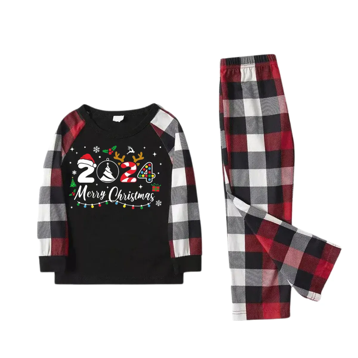 "2024 Merry Christmas" Text And Santa Hat Printed Pattern - Black Top with Red&Black&White Plaid Sleeves - Family Matching Pajamas