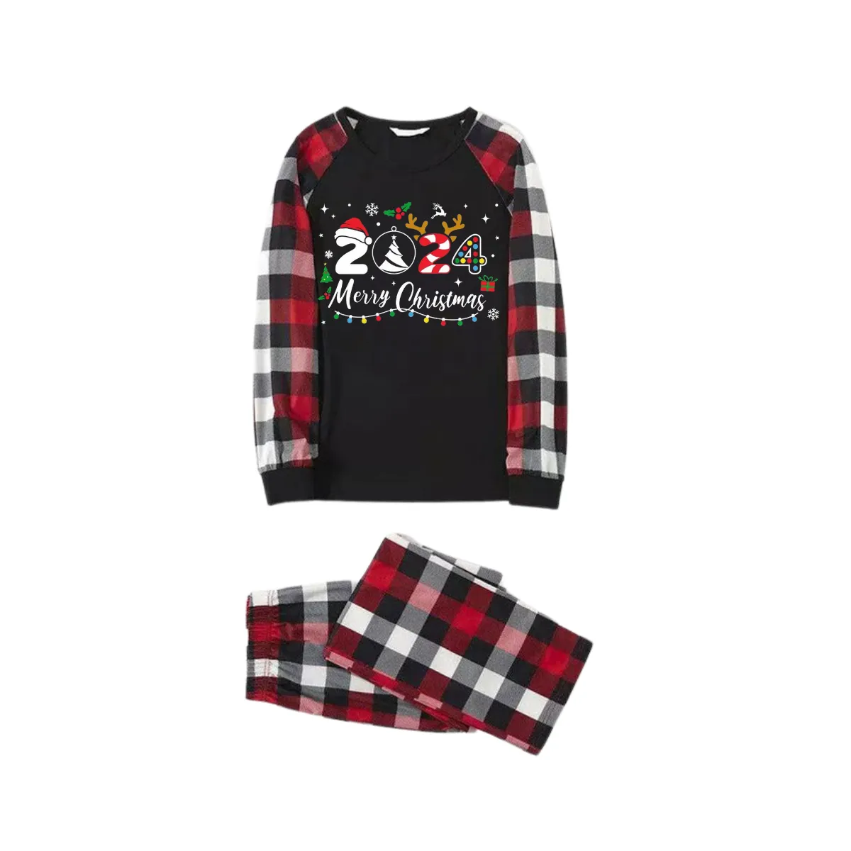 "2024 Merry Christmas" Text And Santa Hat Printed Pattern - Black Top with Red&Black&White Plaid Sleeves - Family Matching Pajamas