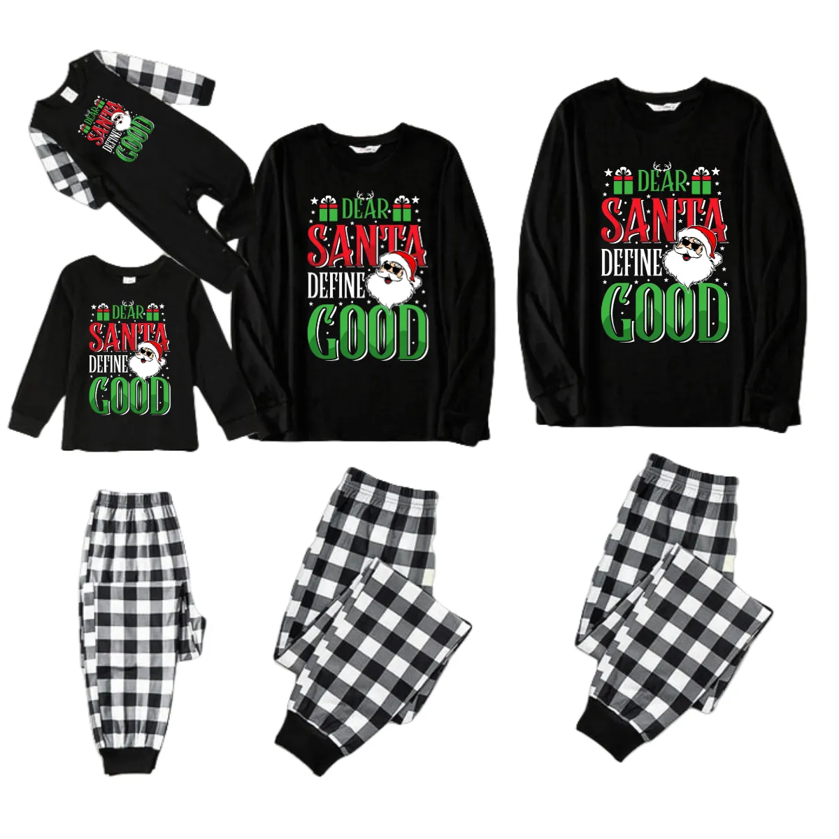 "Dear Santa Define Good" Slogan Printed Black and White Plaid Pants Family Matching Pajamas