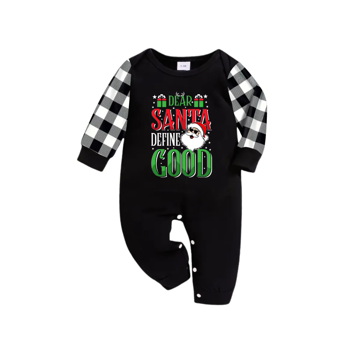 "Dear Santa Define Good" Slogan Printed Black and White Plaid Pants Family Matching Pajamas