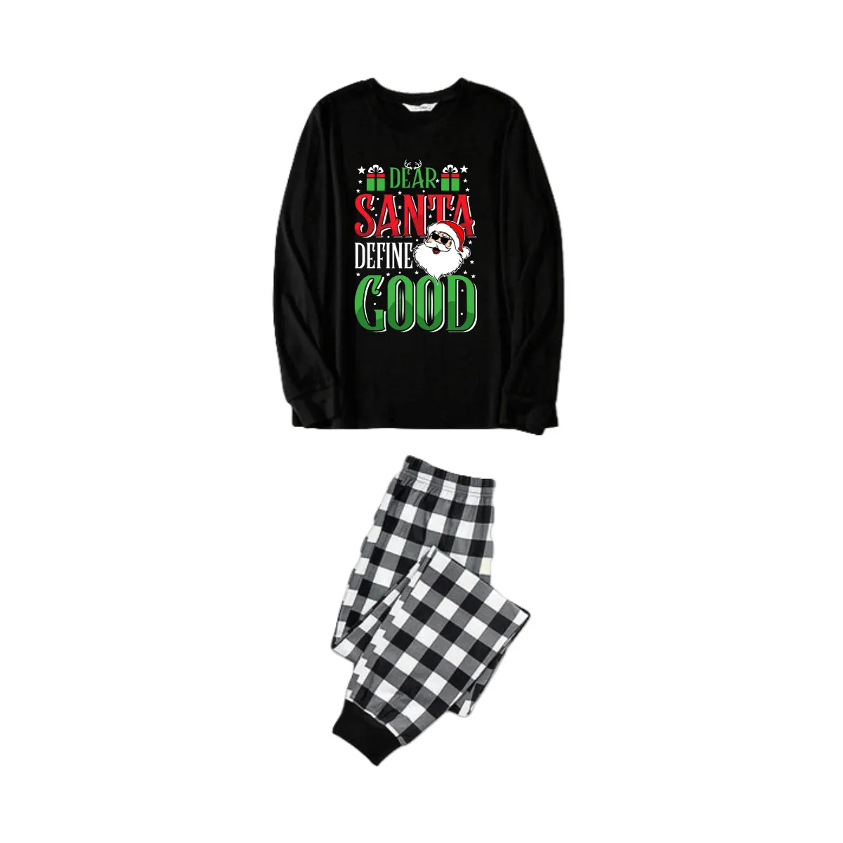 "Dear Santa Define Good" Slogan Printed Black and White Plaid Pants Family Matching Pajamas