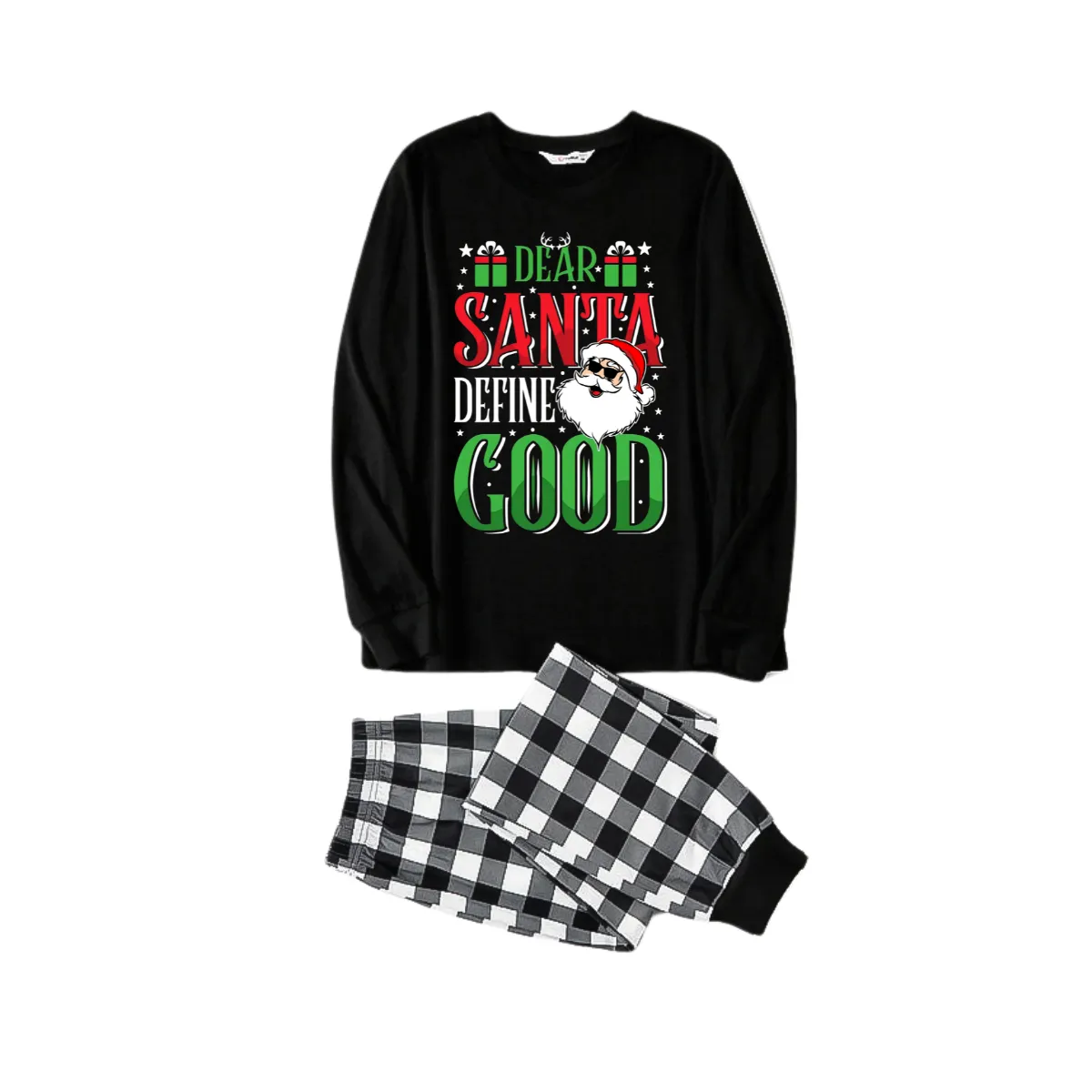 "Dear Santa Define Good" Slogan Printed Black and White Plaid Pants Family Matching Pajamas