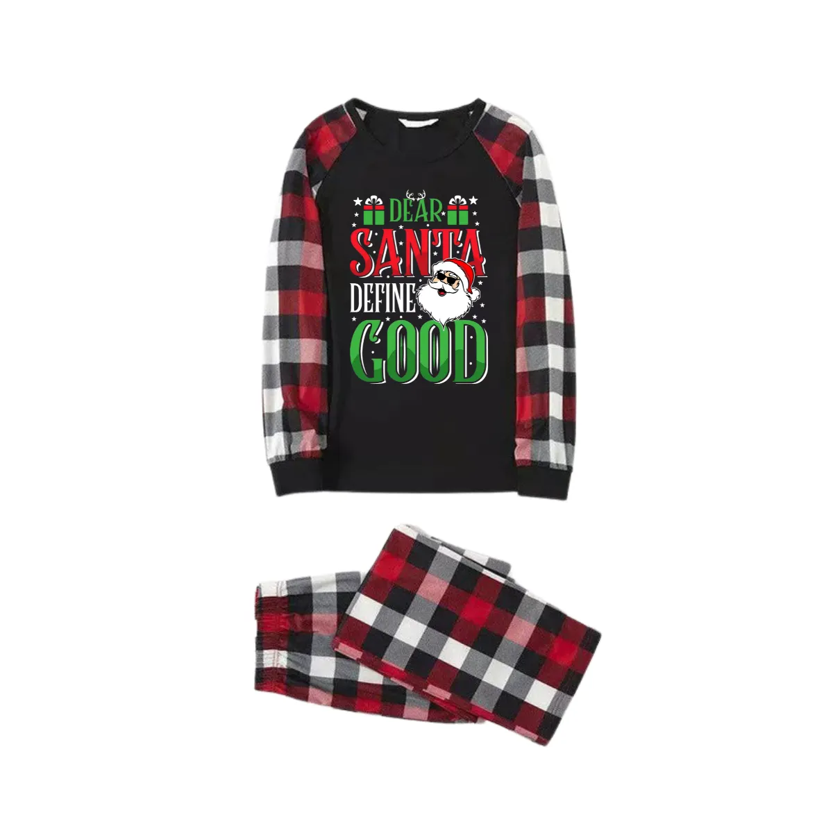 "Dear Santa Define Good" Slogan Printed Red&Black&White Plaid  Matching Pajamas