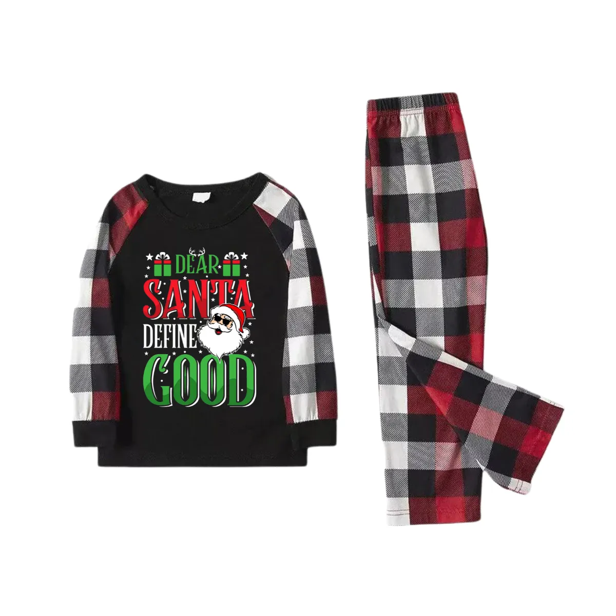 "Dear Santa Define Good" Slogan Printed Red&Black&White Plaid  Matching Pajamas