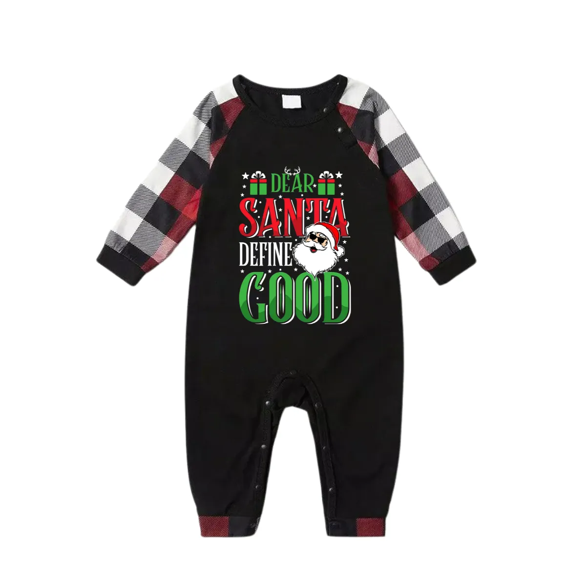 "Dear Santa Define Good" Slogan Printed Red&Black&White Plaid  Matching Pajamas