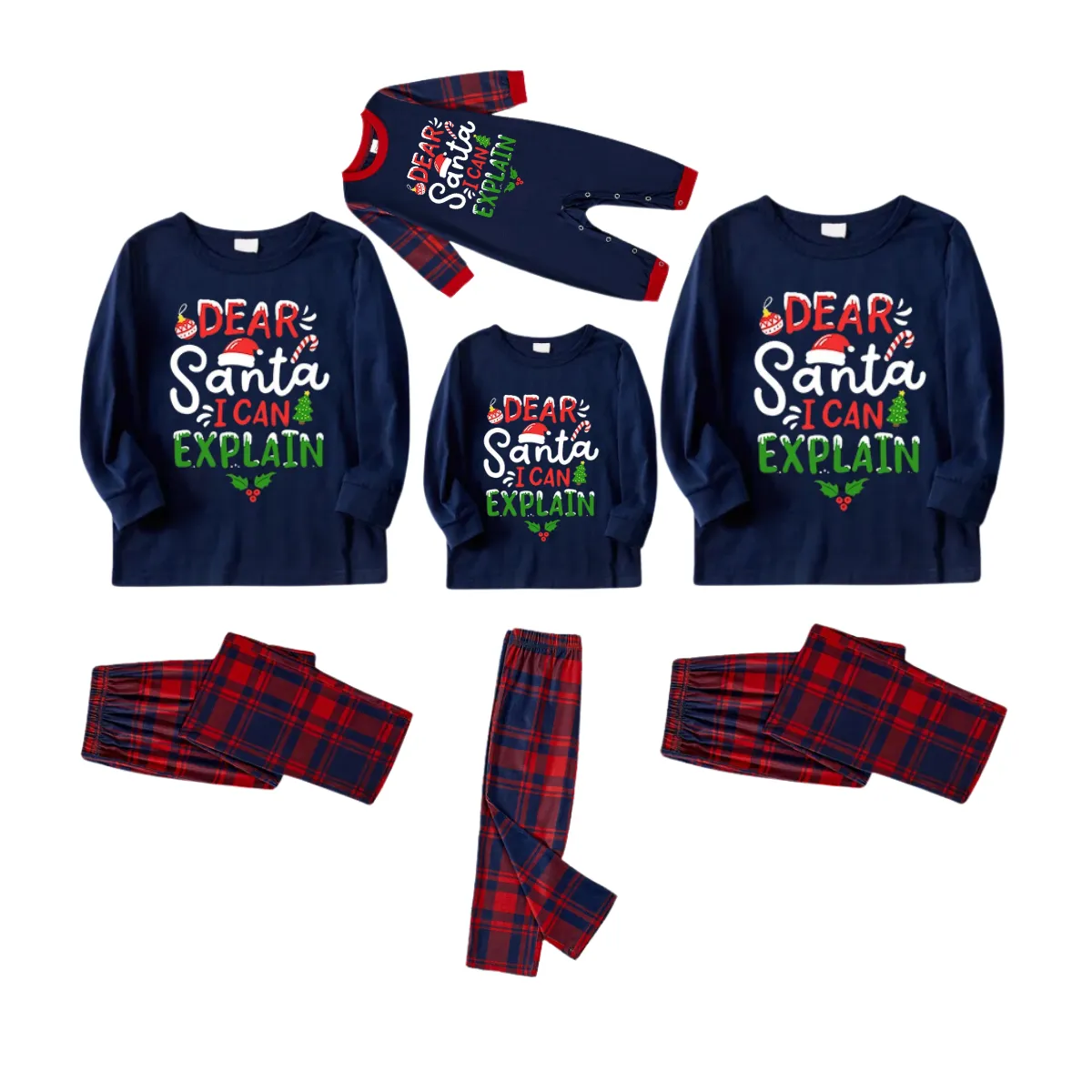 "Dear Santa I can Explain" Slogan Printed Red and Blue Plaid Christmas Matching Pajamas