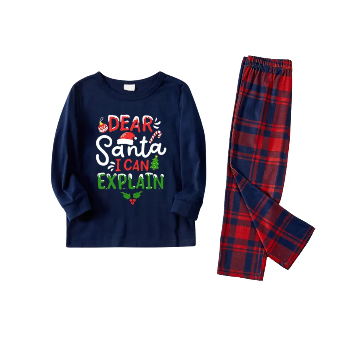 "Dear Santa I can Explain" Slogan Printed Red and Blue Plaid Christmas Matching Pajamas