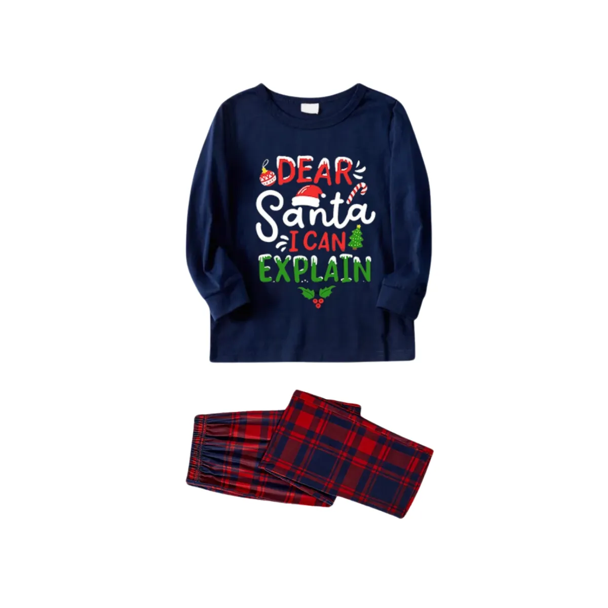 "Dear Santa I can Explain" Slogan Printed Red and Blue Plaid Christmas Matching Pajamas