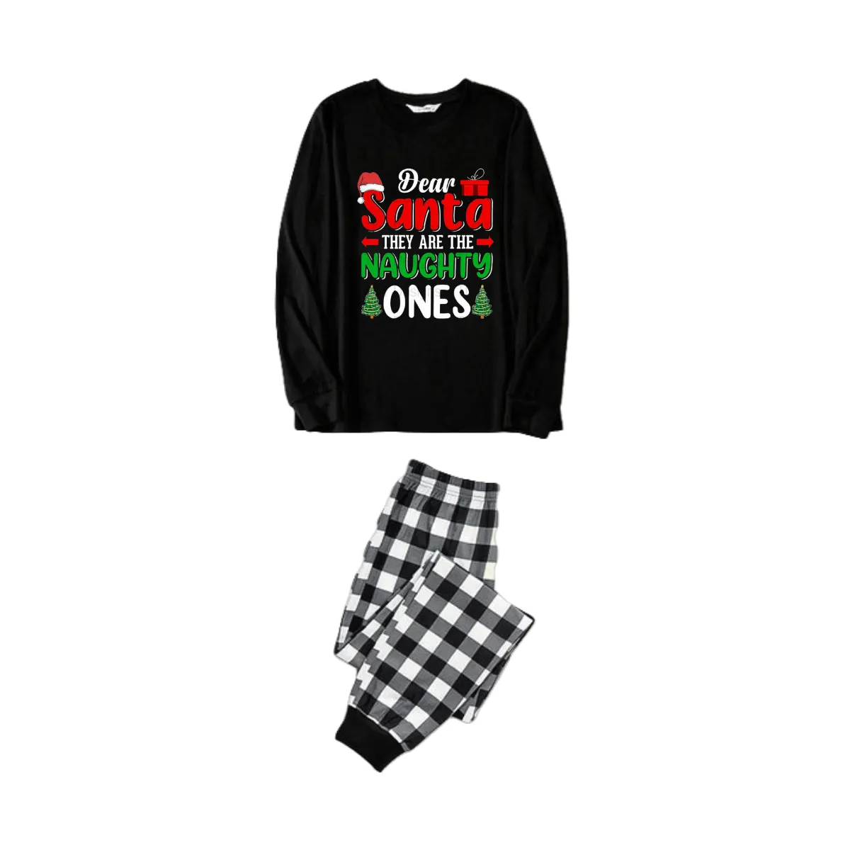 "Dear Santa They are The Naughty Ones" Slogan Printed Black and White Plaid Pants Family Matching Pajamas