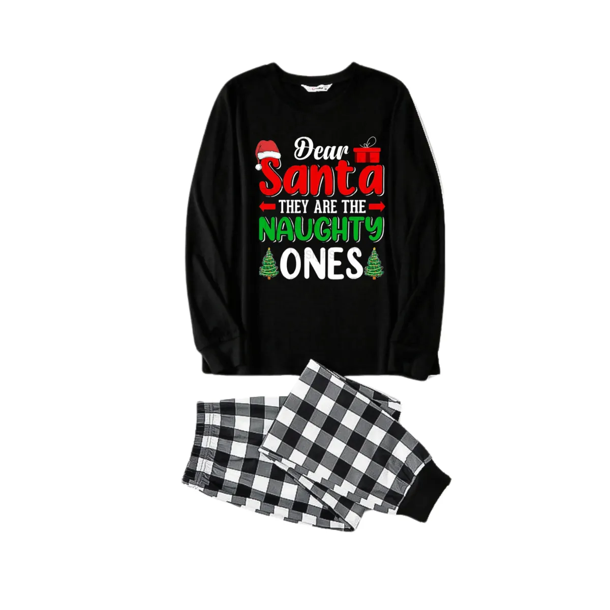 "Dear Santa They are The Naughty Ones" Slogan Printed Black and White Plaid Pants Family Matching Pajamas