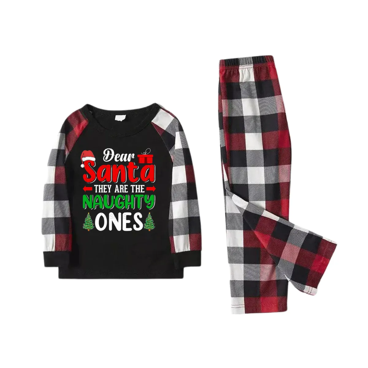 "Dear Santa They are The Naughty Ones" Slogan Printed Red&Black&White Plaid  Matching Pajamas