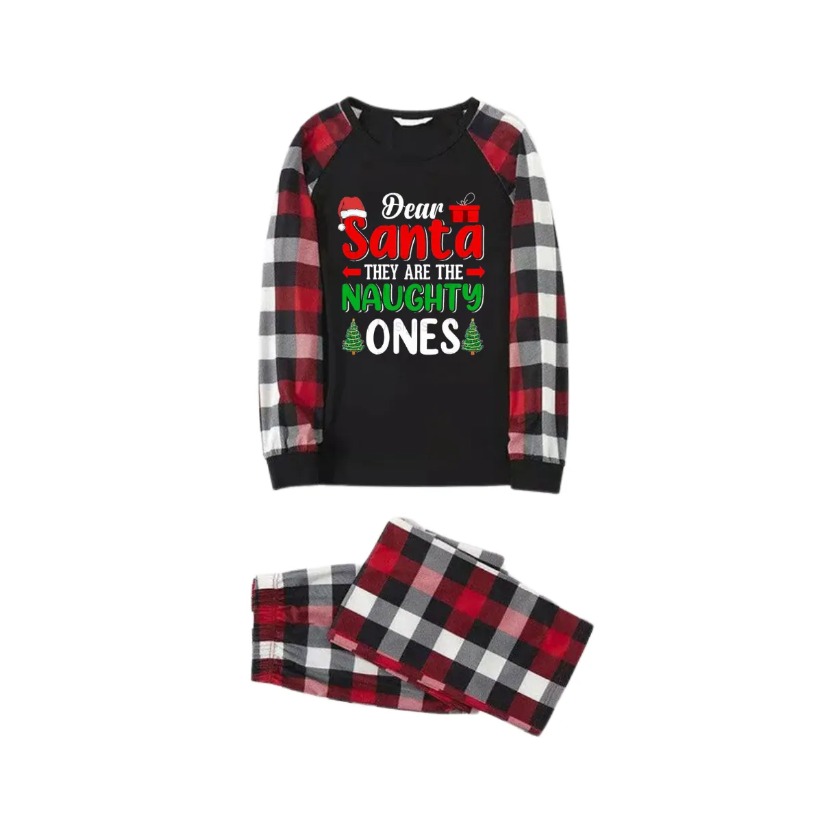 "Dear Santa They are The Naughty Ones" Slogan Printed Red&Black&White Plaid  Matching Pajamas