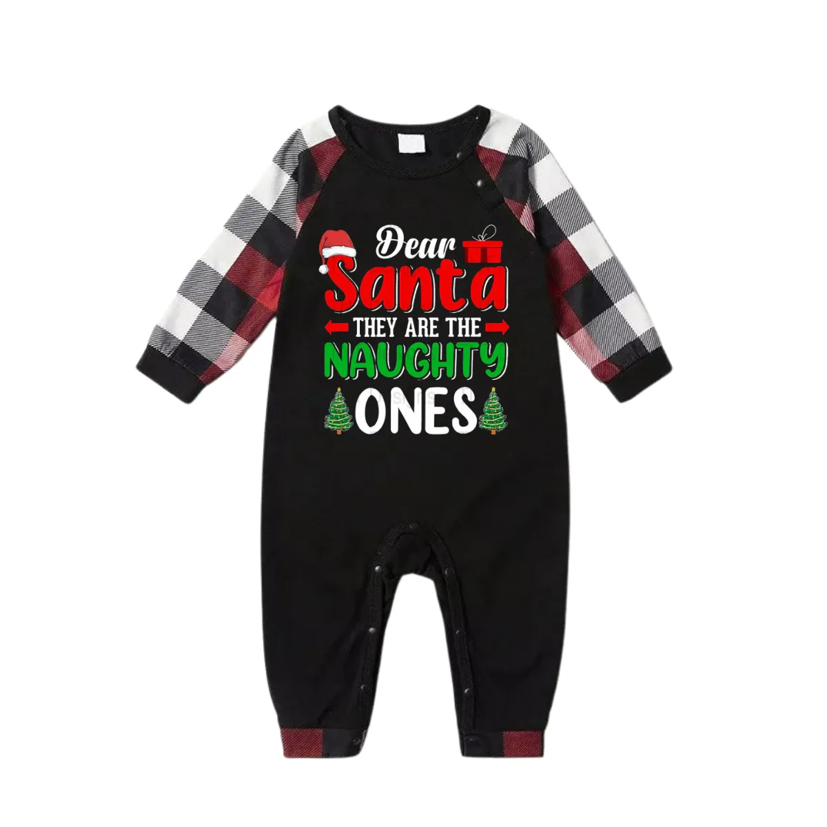 "Dear Santa They are The Naughty Ones" Slogan Printed Red&Black&White Plaid  Matching Pajamas