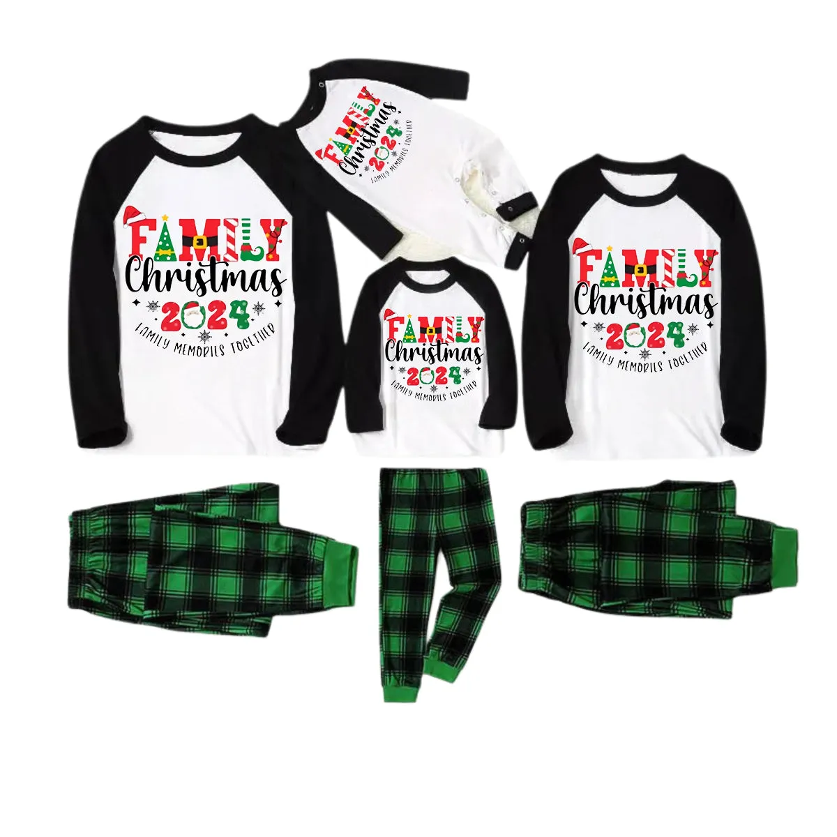 "Family Christmas 2024 Making Memories Together" Cute Christmas Elements Printed Green and Black Plaid Christmas Family Pajamas