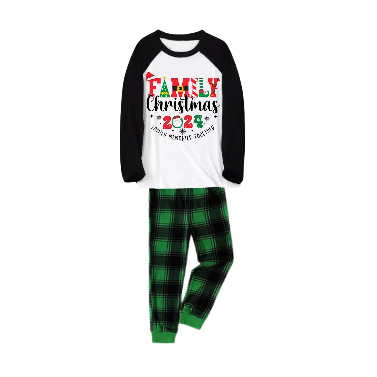 "Family Christmas 2024 Making Memories Together" Cute Christmas Elements Printed Green and Black Plaid Christmas Family Pajamas