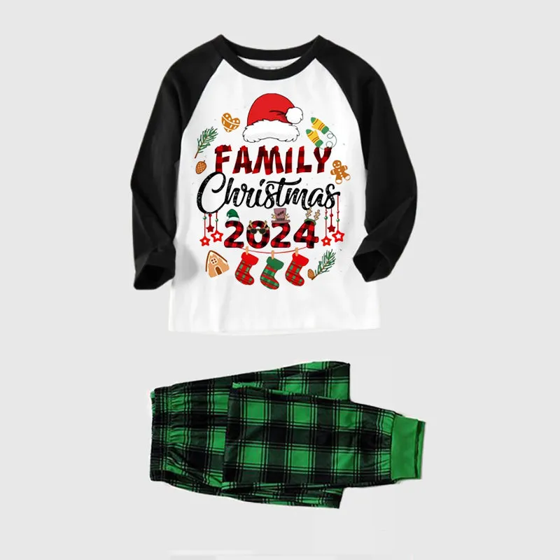 "Family Christmas 2024" and Christmas Pattern Printed Green and Black Plaid Christmas Family Pajamas