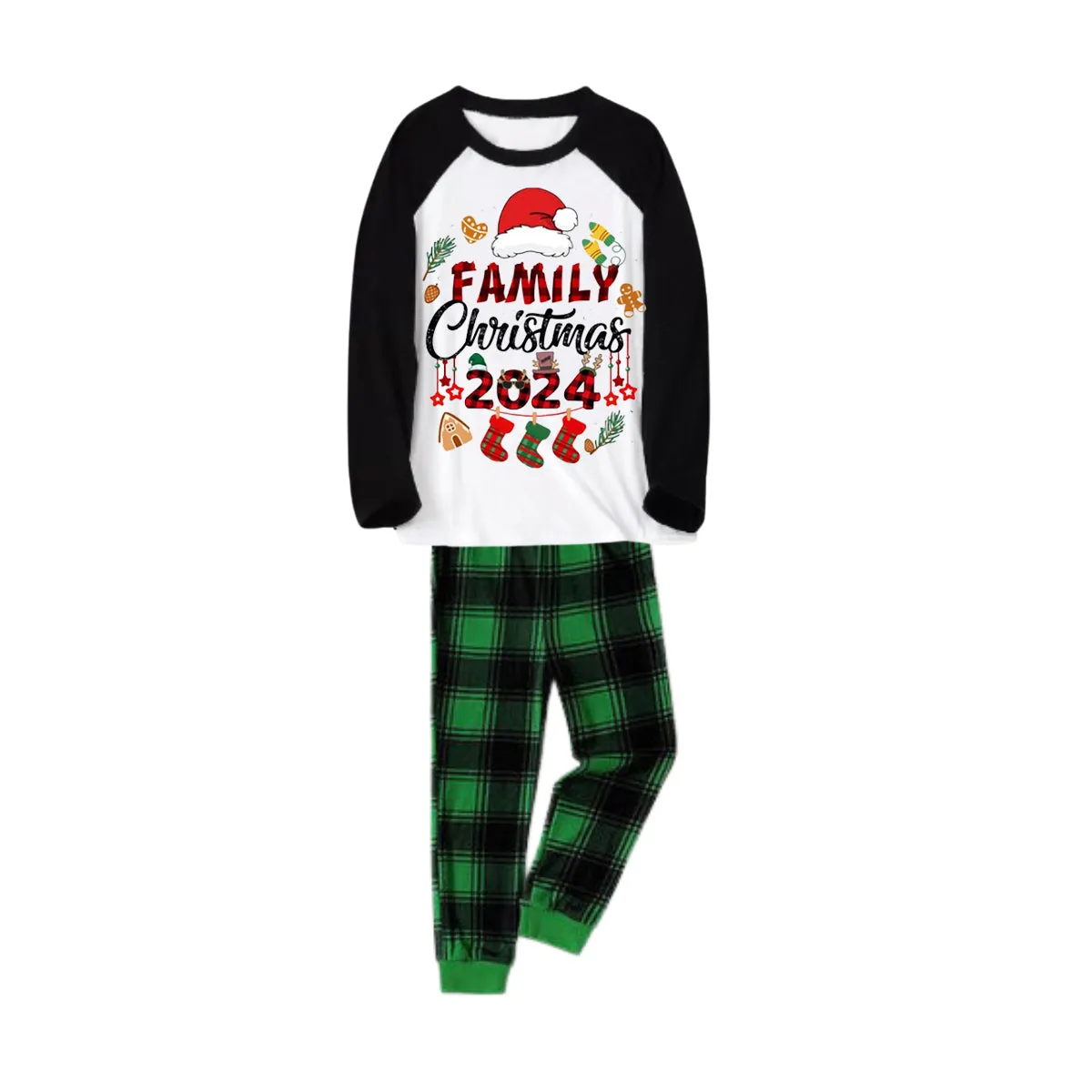 "Family Christmas 2024" and Christmas Pattern Printed Green and Black Plaid Christmas Family Pajamas