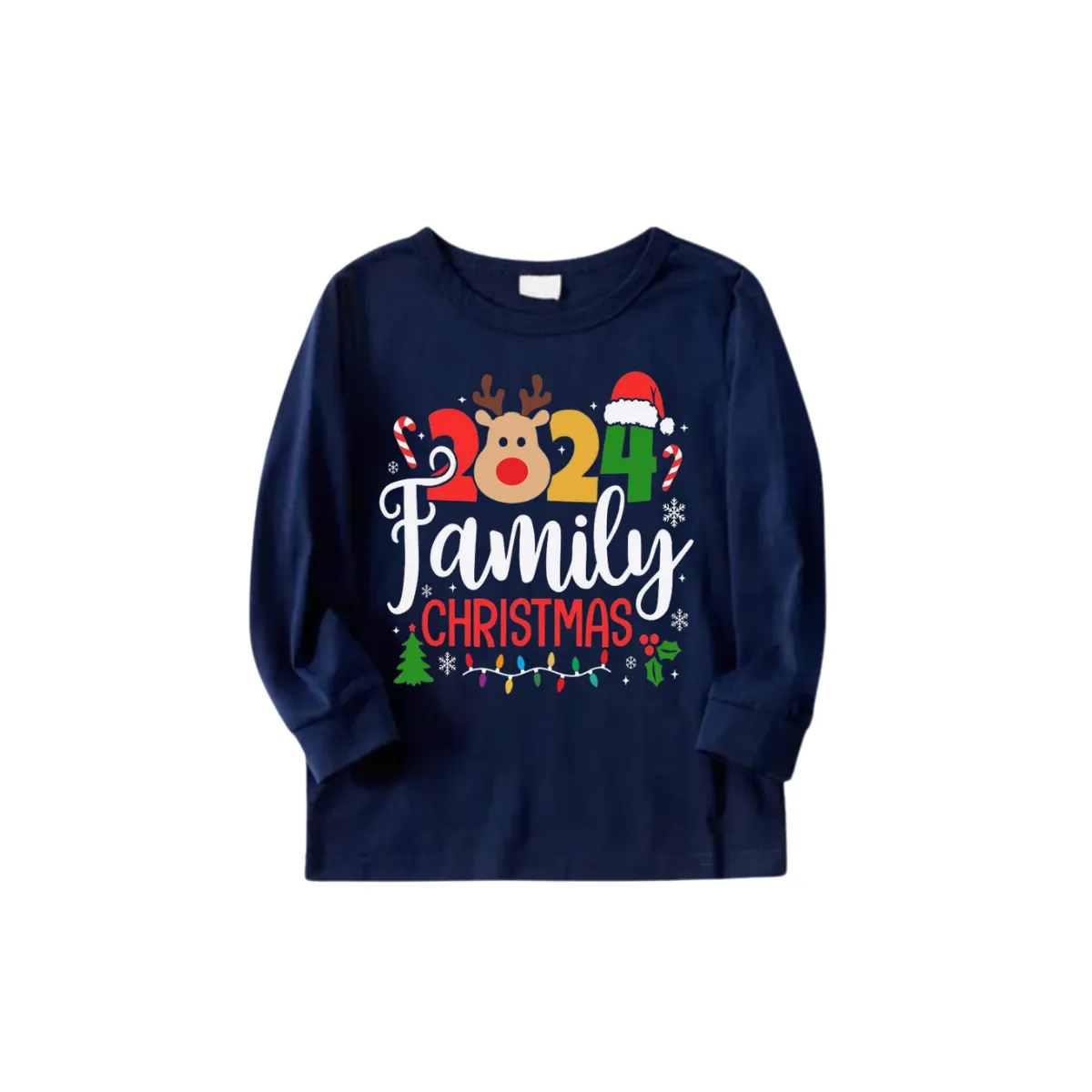 "Family Christmas 2024" Text and Deer Prints Blue Long Sleeves Top with Red and Blue Plaid Pants Christmas Matching Pajamas