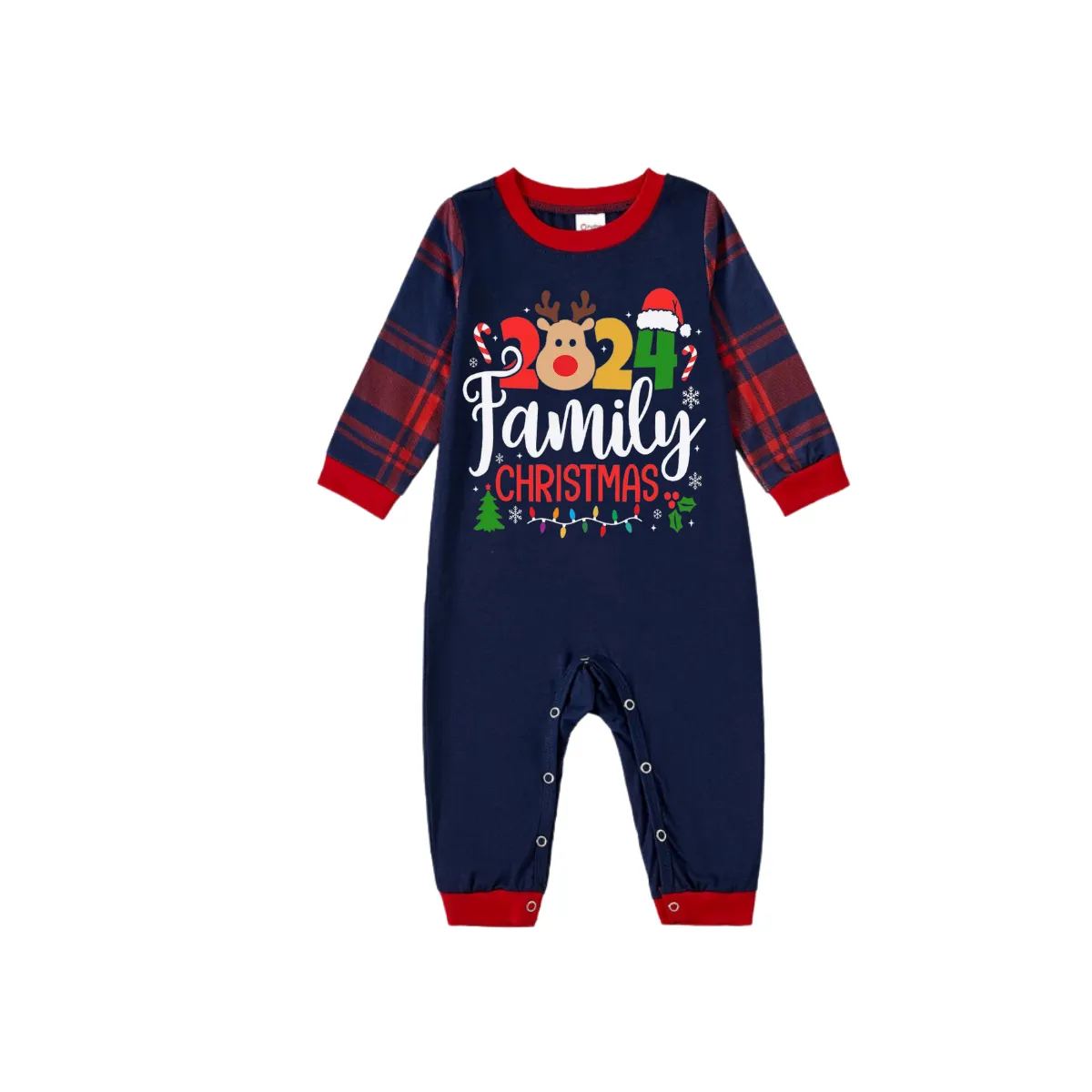 "Family Christmas 2024" Text and Deer Prints Blue Long Sleeves Top with Red and Blue Plaid Pants Christmas Matching Pajamas