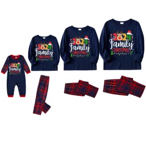 "Family Christmas 2024" Text and Deer Prints Blue Long Sleeves Top with Red and Blue Plaid Pants Christmas Matching Pajamas