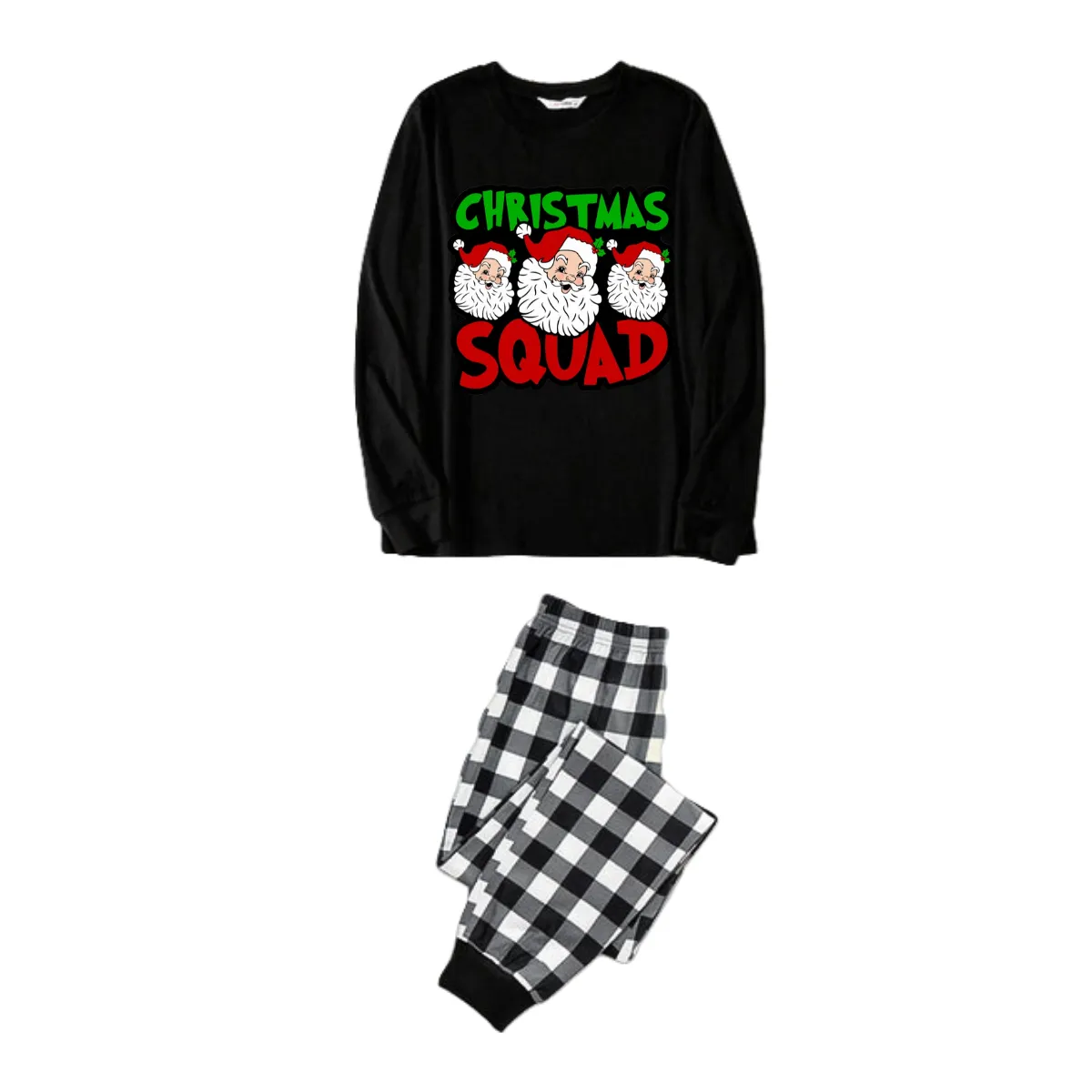 "Santa Squad" and Santa Claus Print Black Long Sleeve Top with Black And White Plaid Pants Family Matching Pajamas