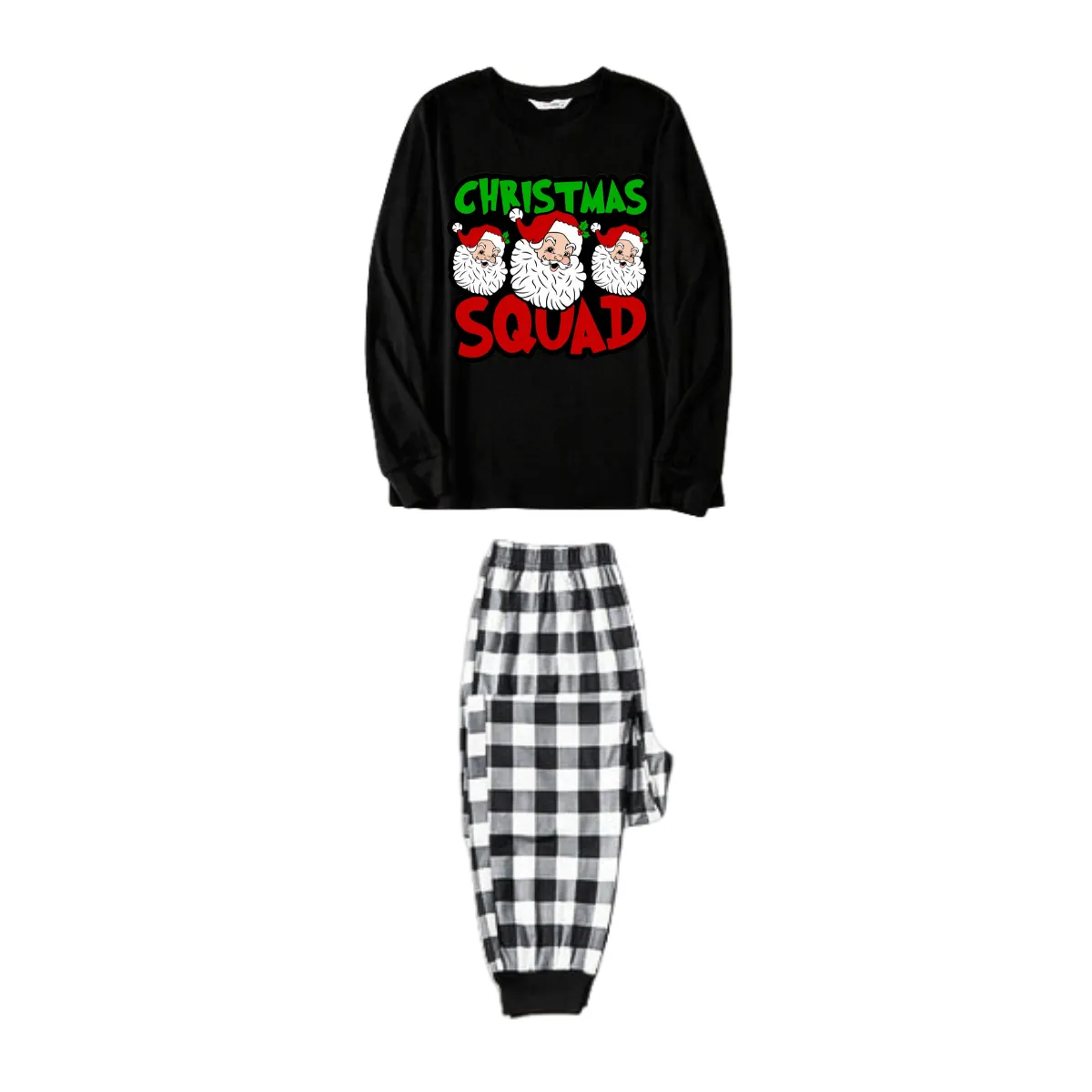 "Santa Squad" and Santa Claus Print Black Long Sleeve Top with Black And White Plaid Pants Family Matching Pajamas