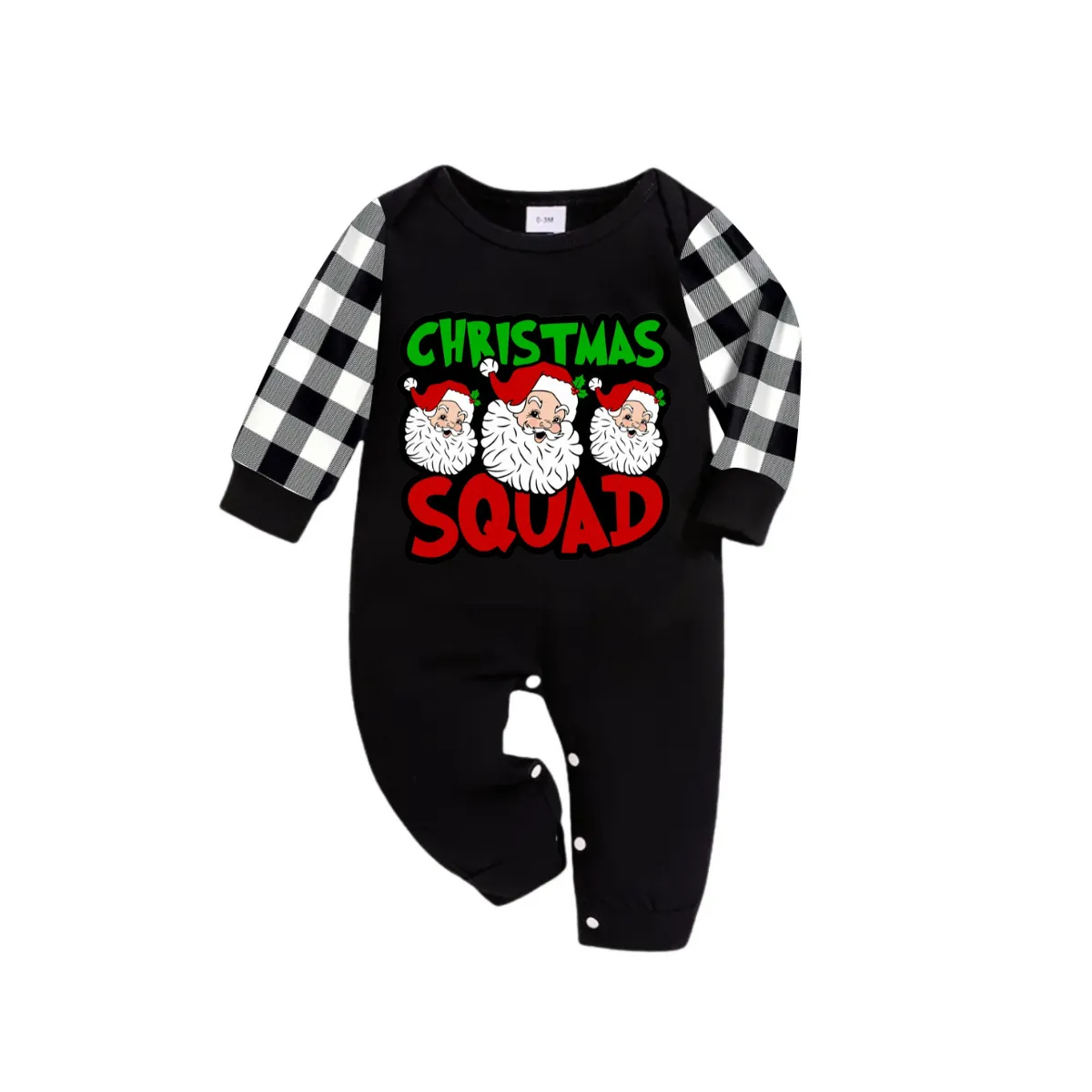 "Santa Squad" and Santa Claus Print Black Long Sleeve Top with Black And White Plaid Pants Family Matching Pajamas