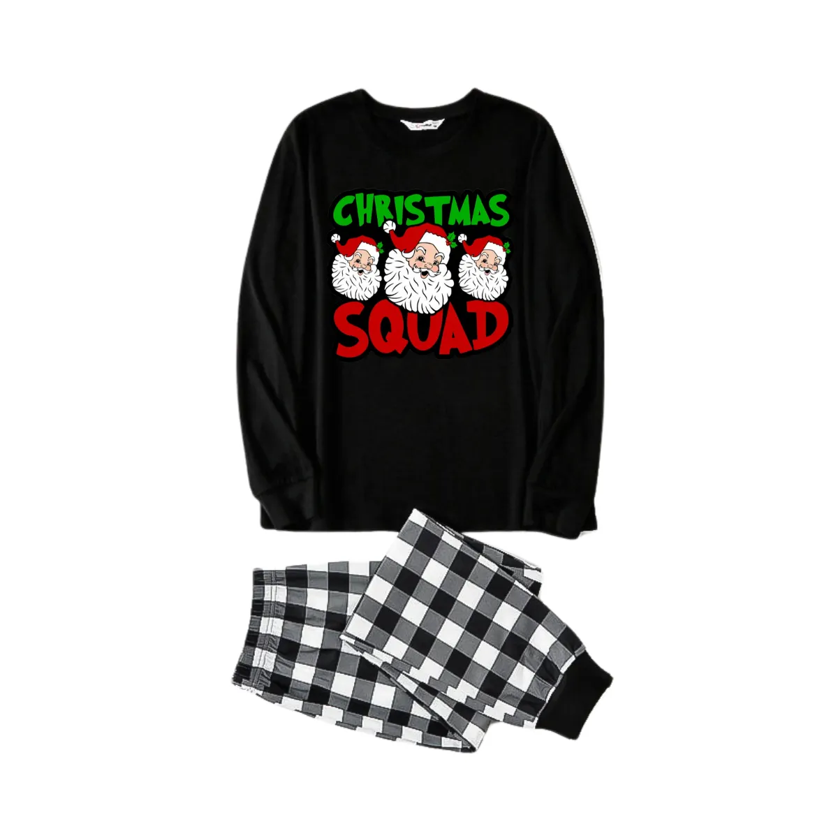 "Santa Squad" and Santa Claus Print Black Long Sleeve Top with Black And White Plaid Pants Family Matching Pajamas