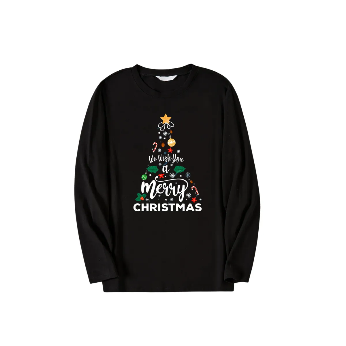 "We Wish You a Merry Christmas" Printed Pattern Black Long Sleeve Top with Black & Green Plaid Pants Family Matching Pajamas