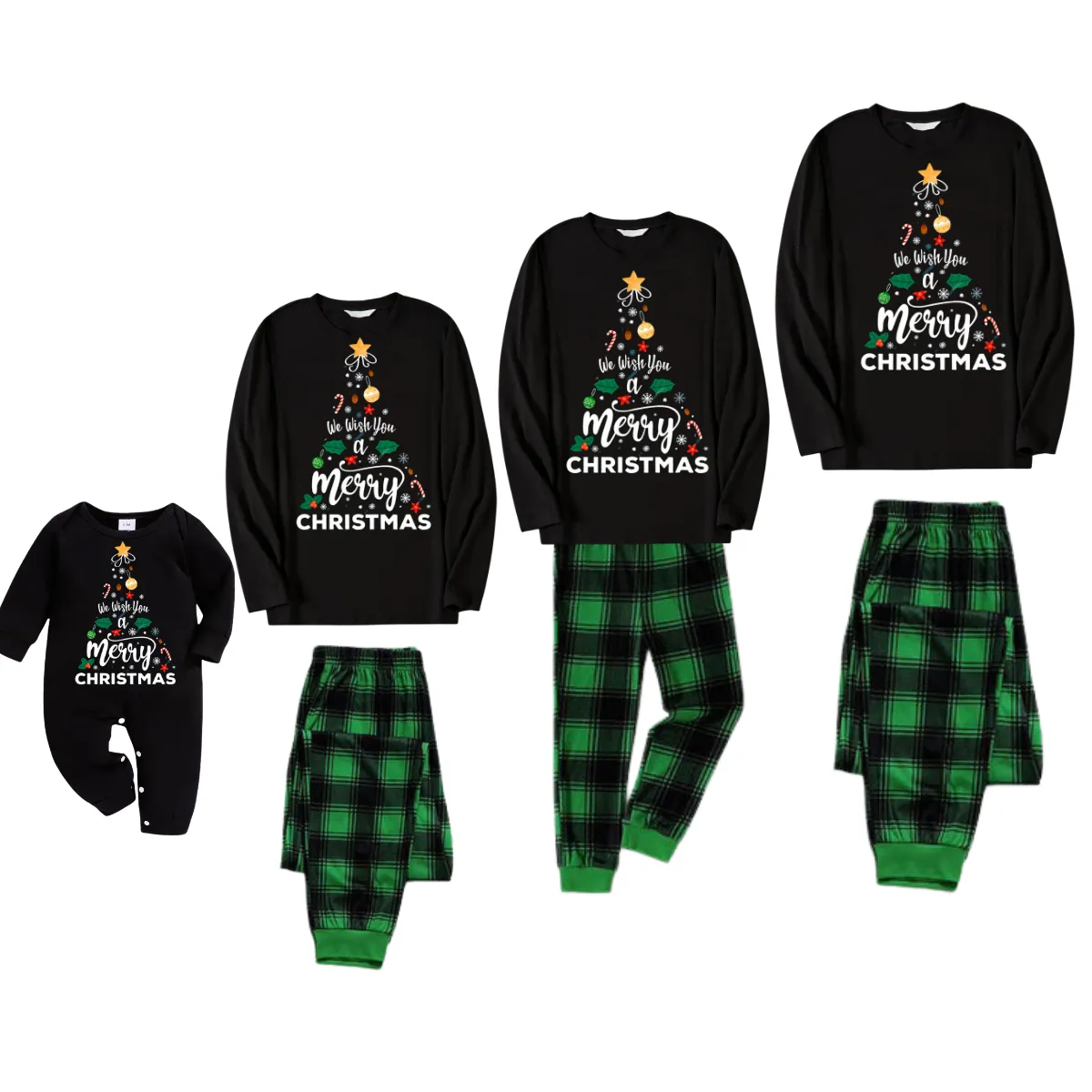 "We Wish You a Merry Christmas" Printed Pattern Black Long Sleeve Top with Black & Green Plaid Pants Family Matching Pajamas