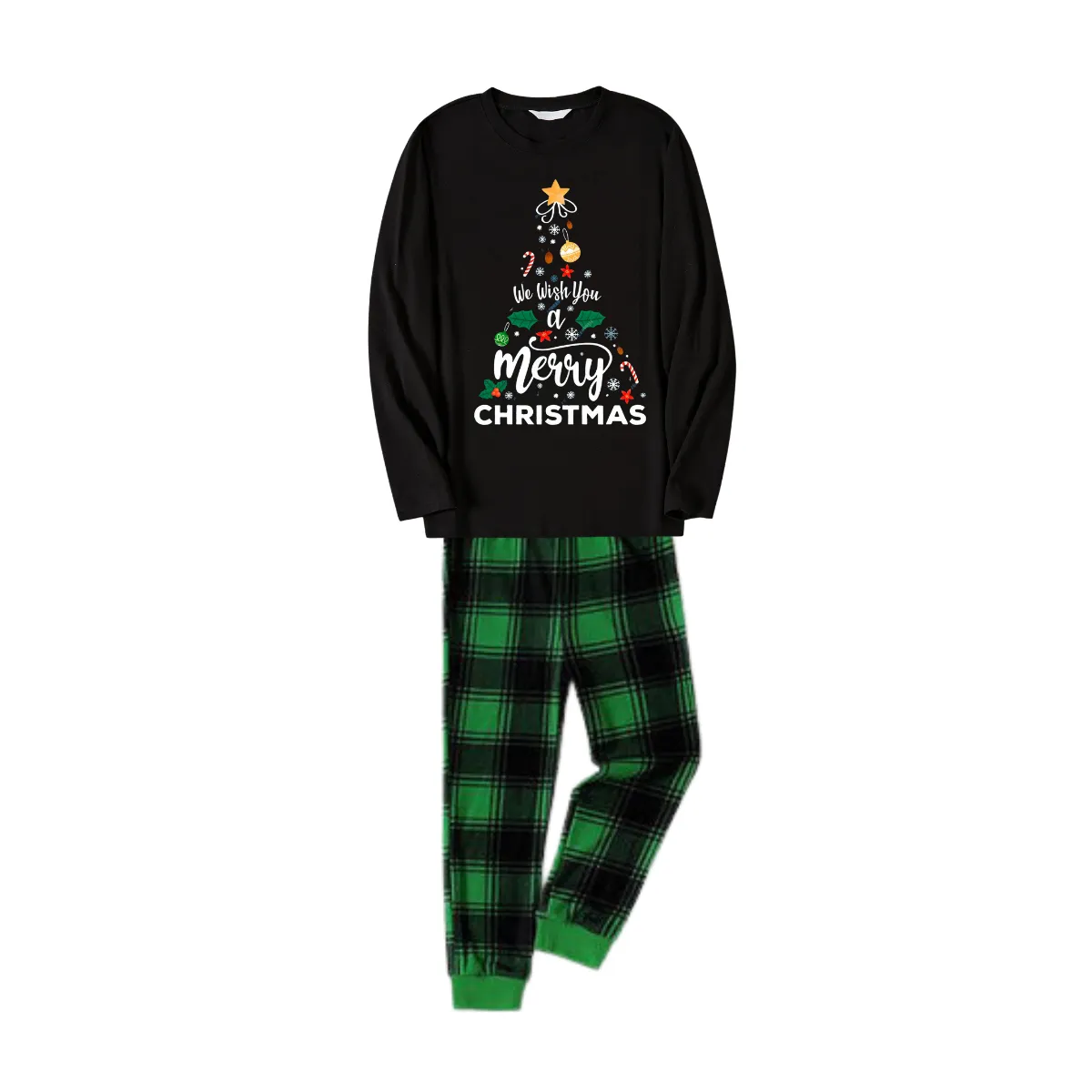 "We Wish You a Merry Christmas" Printed Pattern Black Long Sleeve Top with Black & Green Plaid Pants Family Matching Pajamas