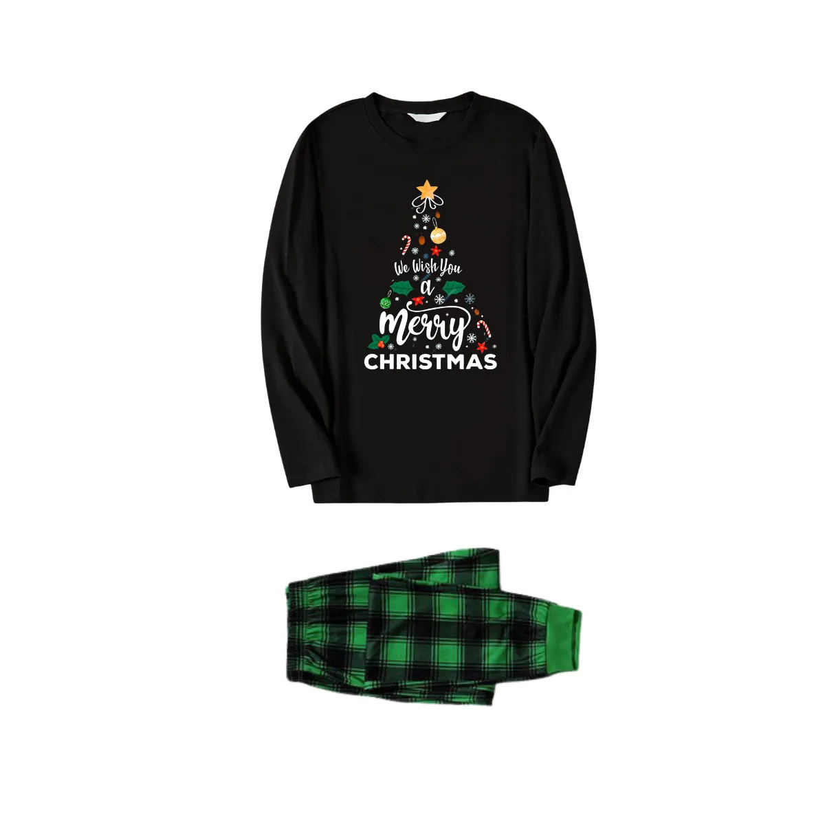 "We Wish You a Merry Christmas" Printed Pattern Black Long Sleeve Top with Black & Green Plaid Pants Family Matching Pajamas